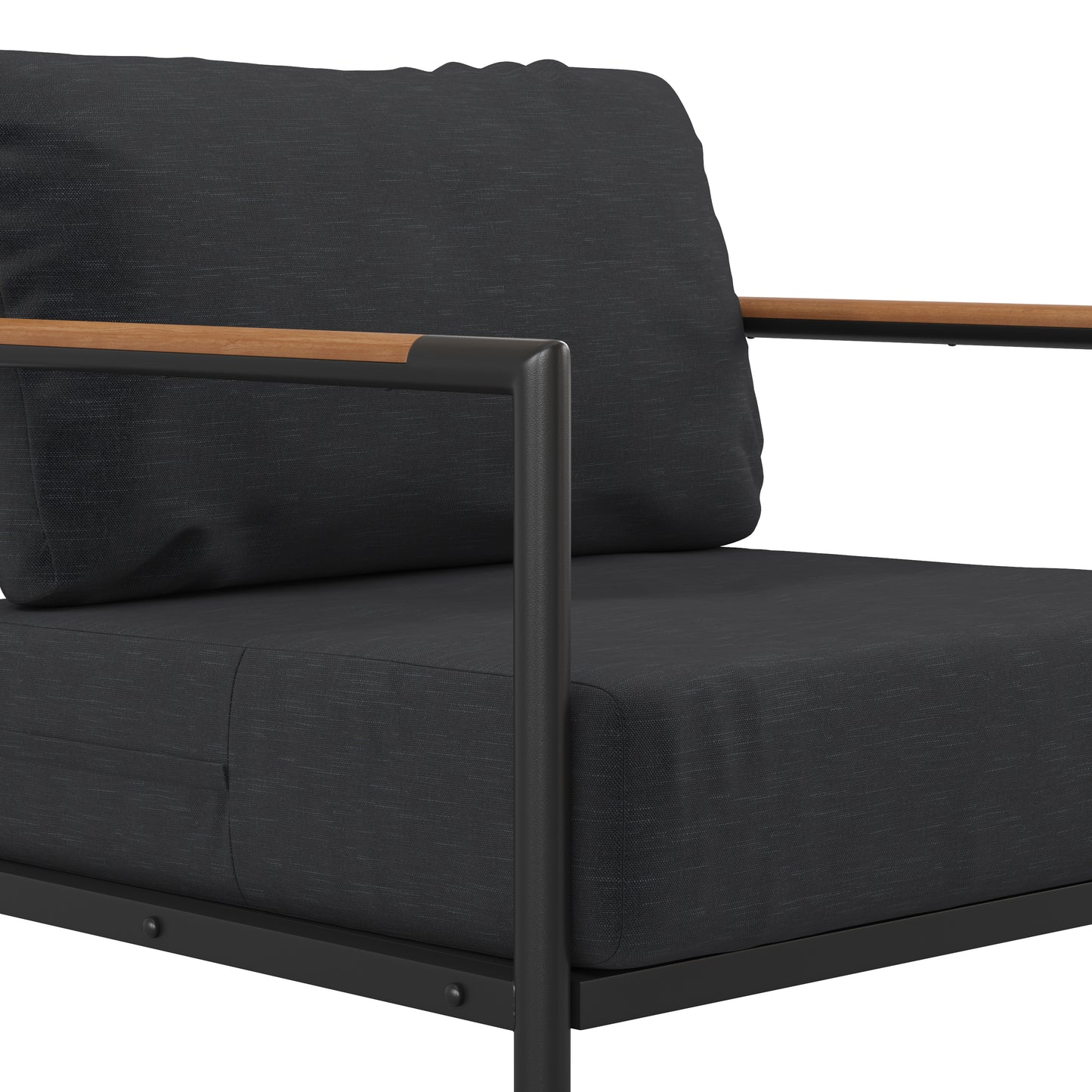 Lea Indoor/Outdoor Patio Chair with Cushions - Modern Aluminum Framed Chair with Teak Accented Arms, Black with Charcoal Cushions Charcoal