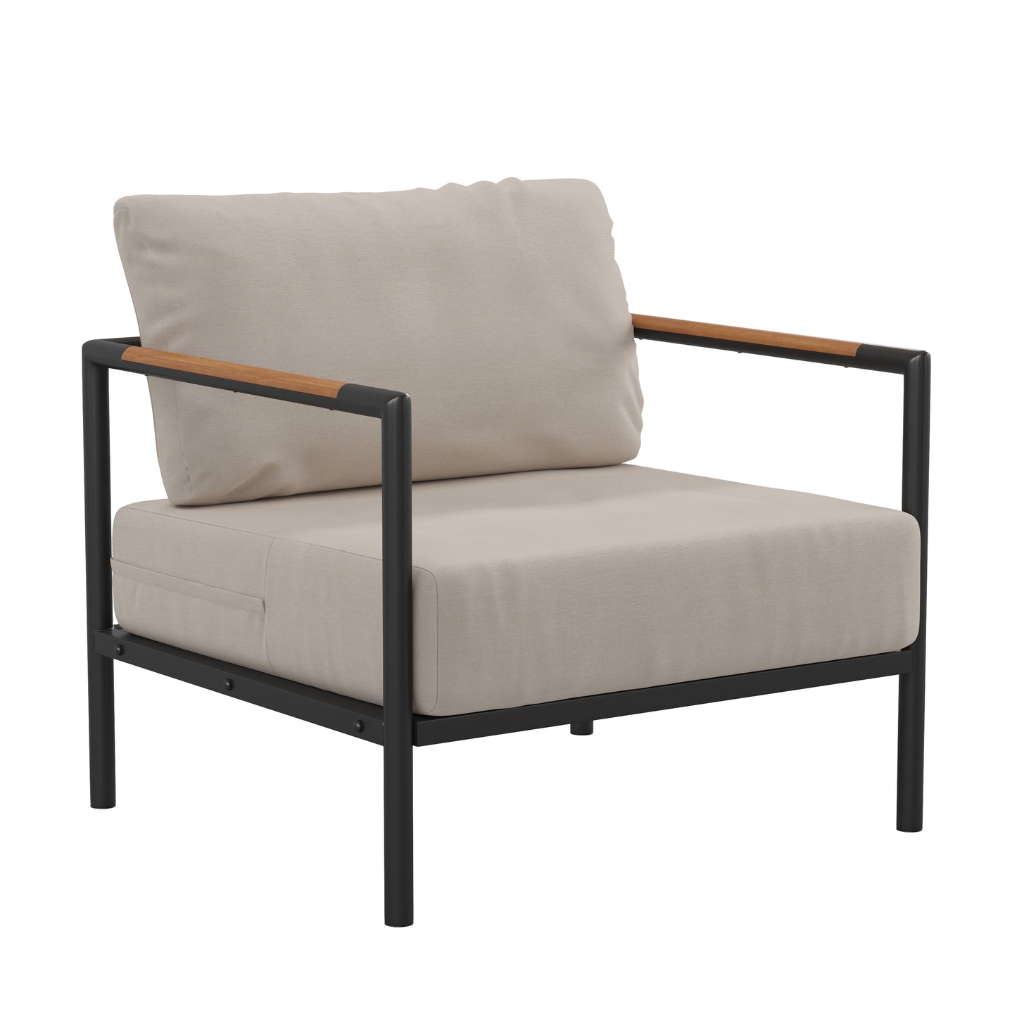 Lea Indoor/Outdoor Patio Chair with Cushions - Modern Aluminum Framed Chair with Teak Accented Arms, Black with Beige Cushions Beige