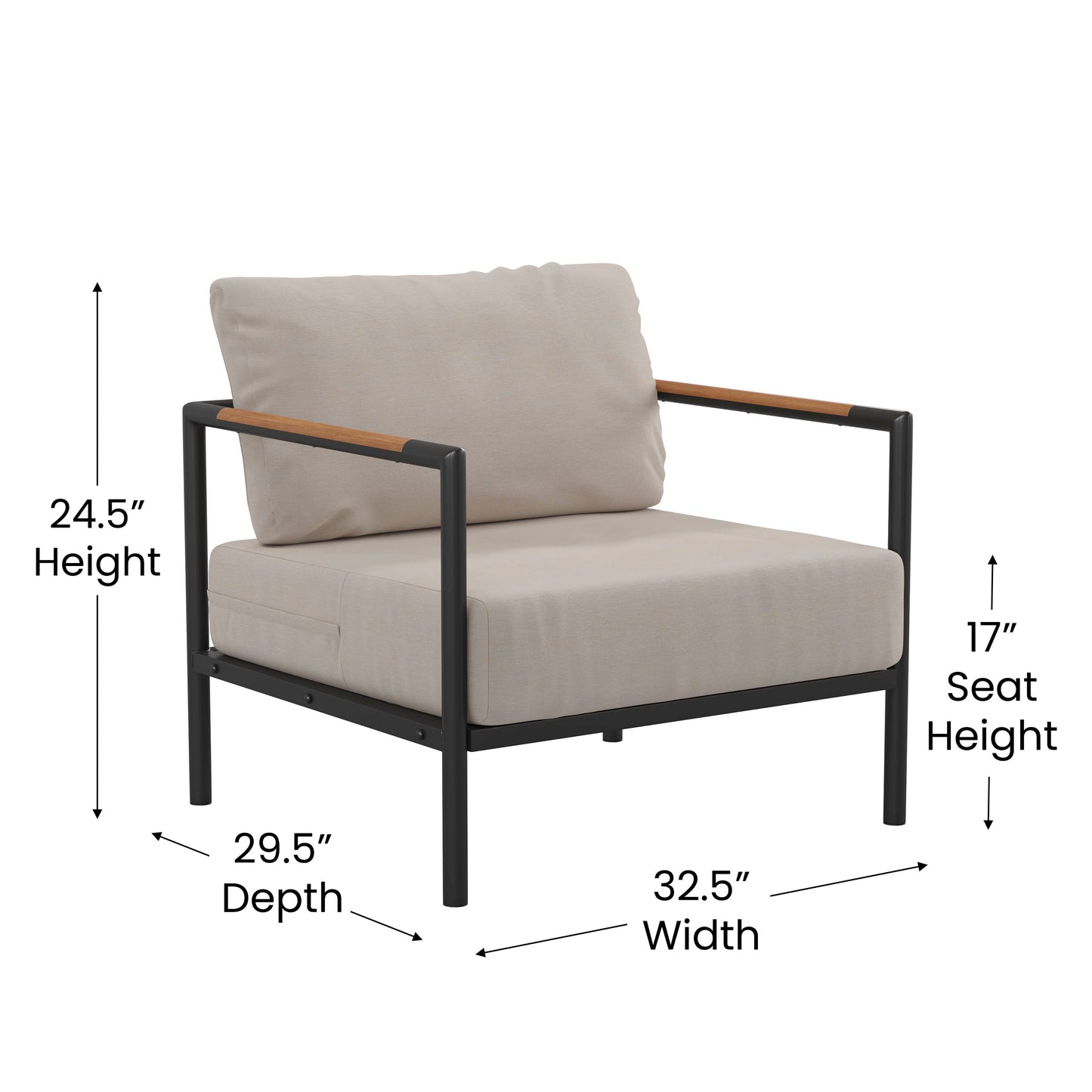 Lea Indoor/Outdoor Patio Chair with Cushions - Modern Aluminum Framed Chair with Teak Accented Arms, Black with Beige Cushions Beige