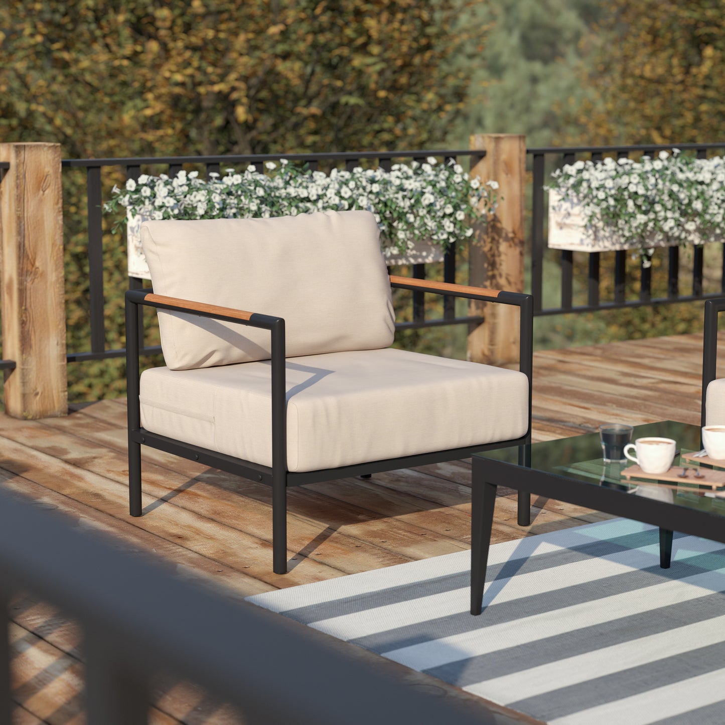Lea Indoor/Outdoor Patio Chair with Cushions - Modern Aluminum Framed Chair with Teak Accented Arms, Black with Beige Cushions Beige