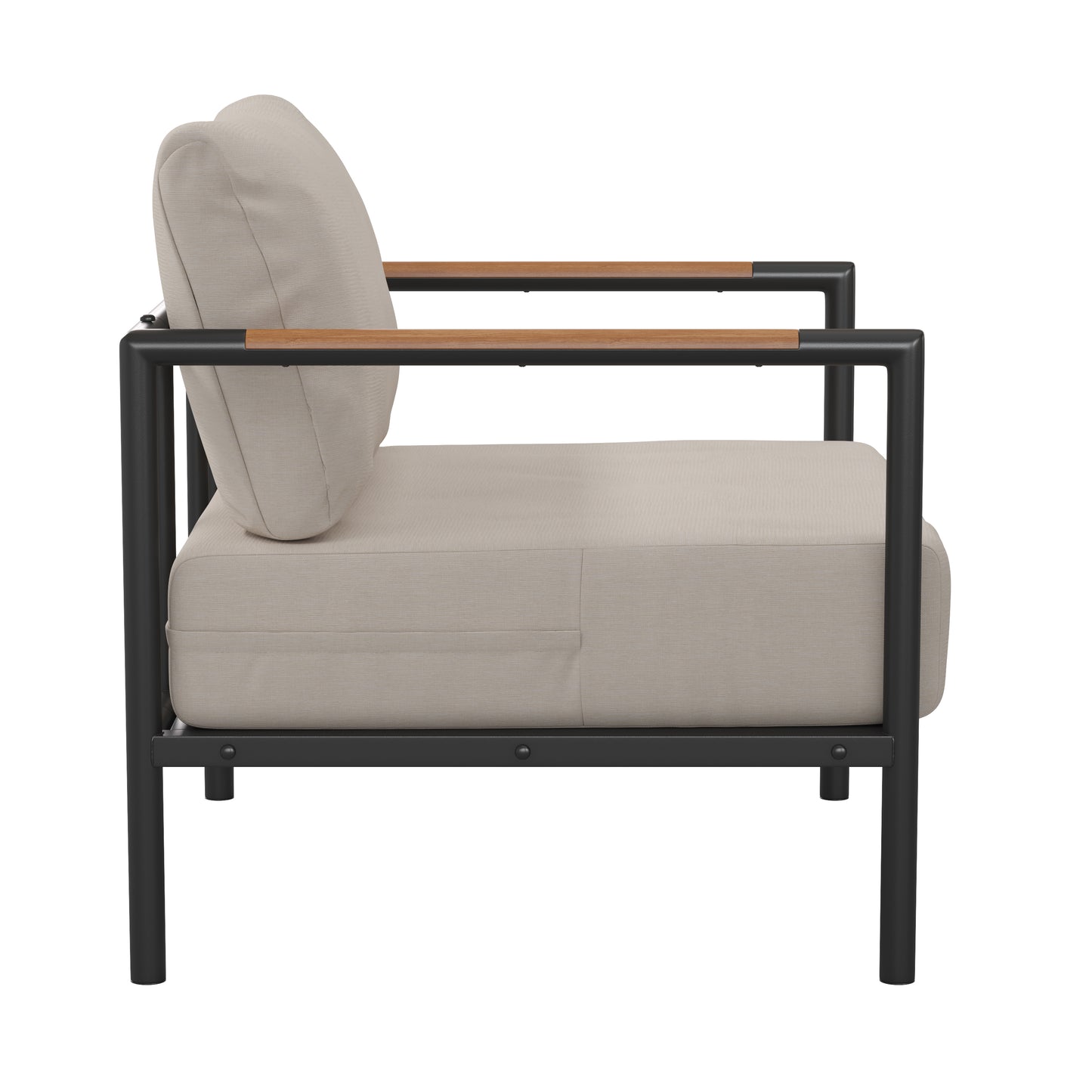 Lea Indoor/Outdoor Patio Chair with Cushions - Modern Aluminum Framed Chair with Teak Accented Arms, Black with Beige Cushions Beige