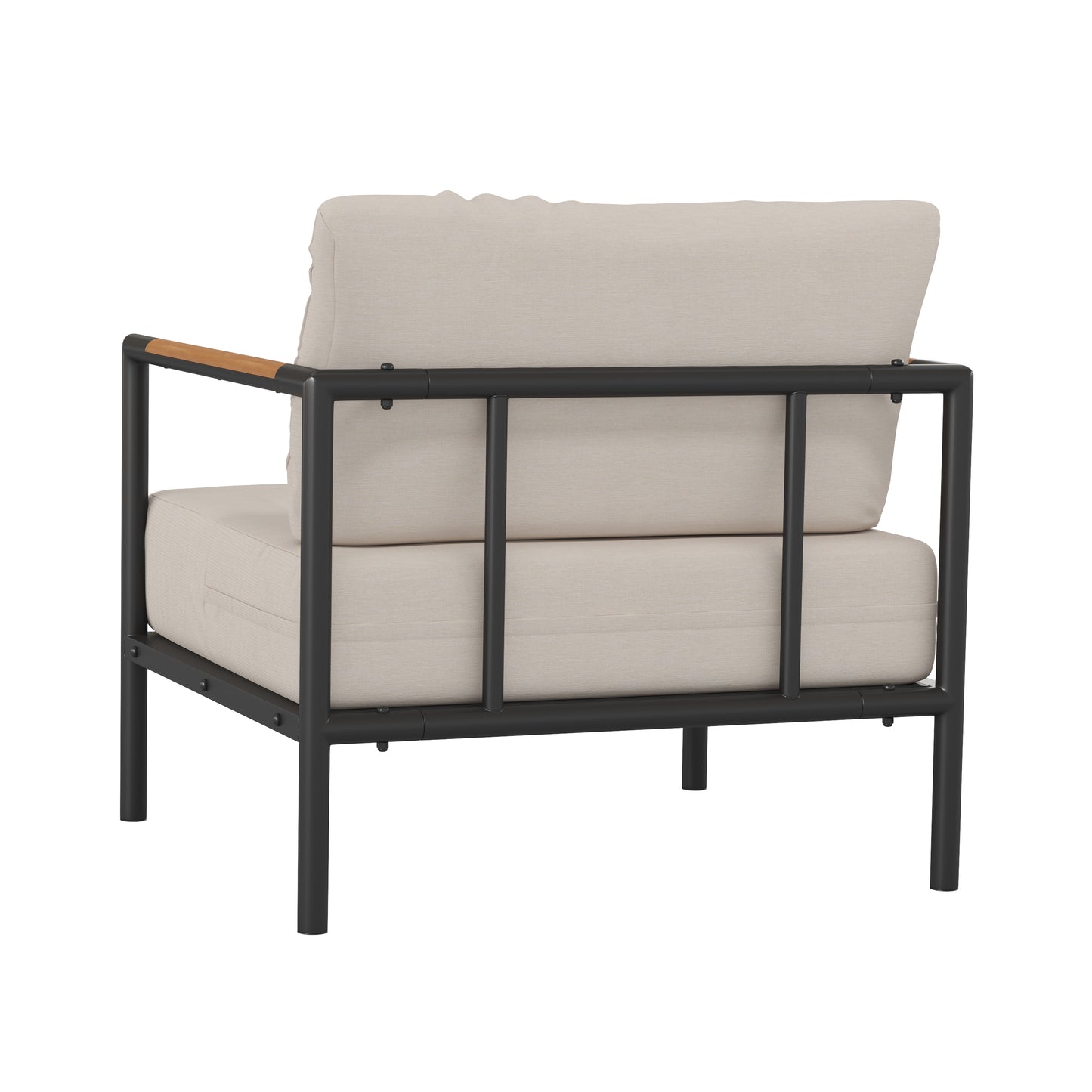 Lea Indoor/Outdoor Patio Chair with Cushions - Modern Aluminum Framed Chair with Teak Accented Arms, Black with Beige Cushions Beige