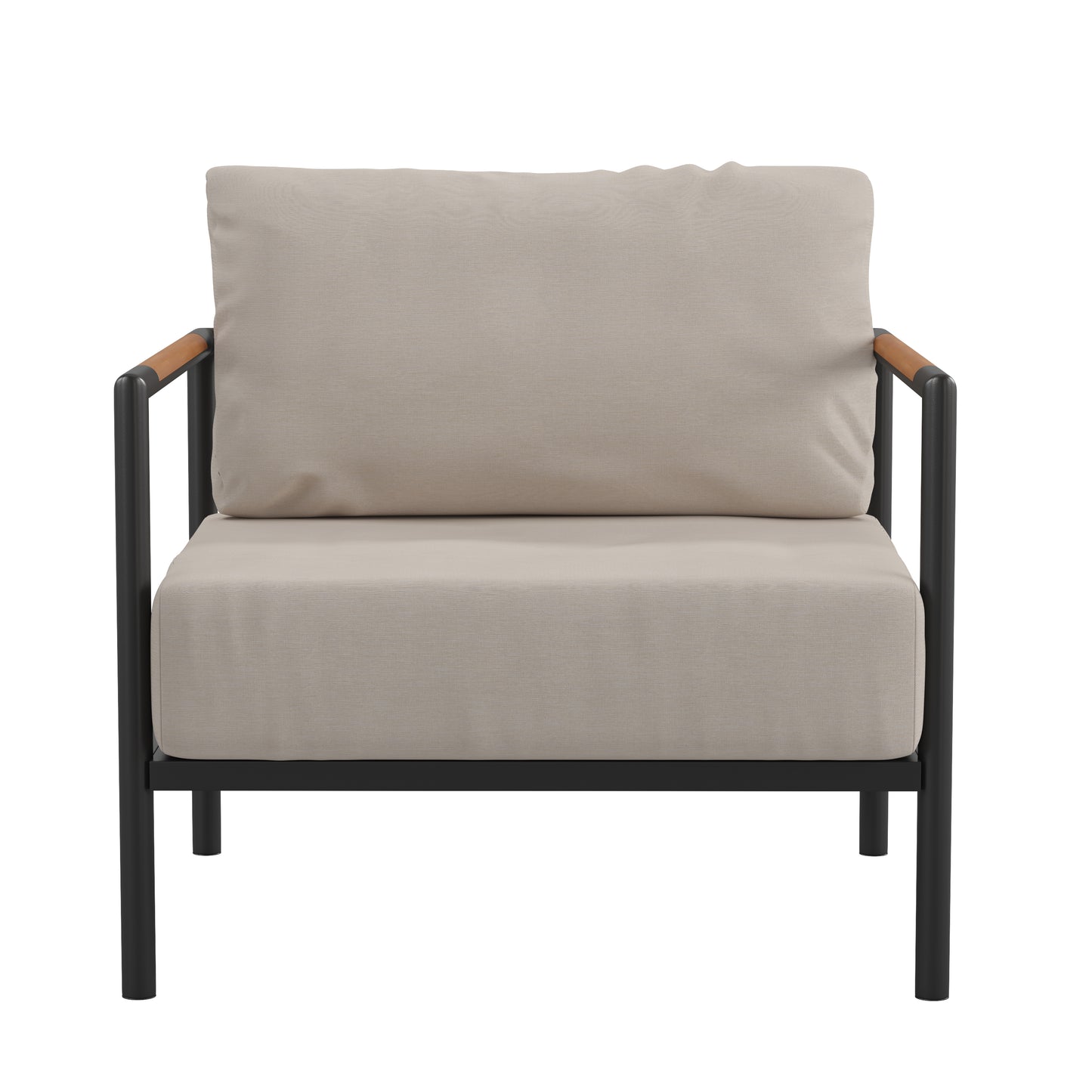 Lea Indoor/Outdoor Patio Chair with Cushions - Modern Aluminum Framed Chair with Teak Accented Arms, Black with Beige Cushions Beige