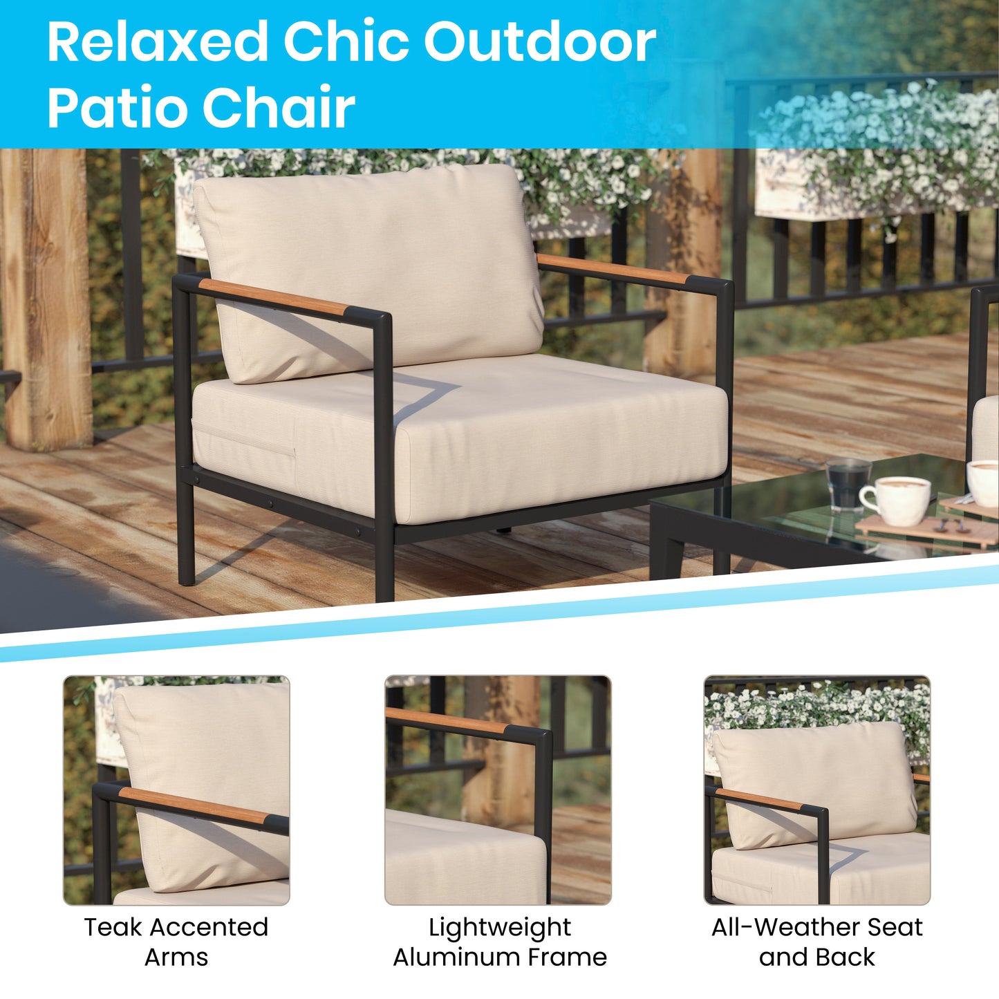 Lea Indoor/Outdoor Patio Chair with Cushions - Modern Aluminum Framed Chair with Teak Accented Arms, Black with Beige Cushions Beige