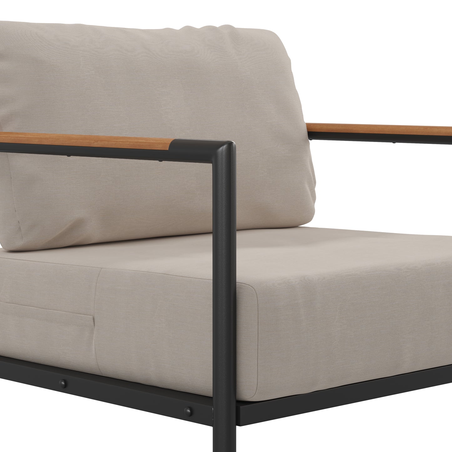 Lea Indoor/Outdoor Patio Chair with Cushions - Modern Aluminum Framed Chair with Teak Accented Arms, Black with Beige Cushions Beige