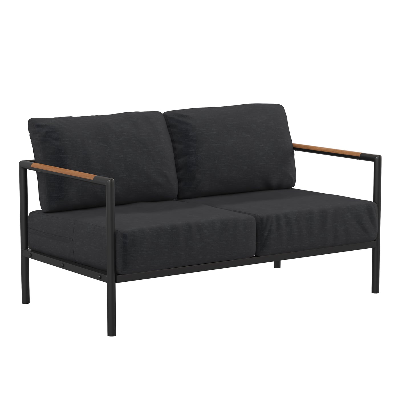 Lea Indoor/Outdoor Patio Loveseat with Cushions - Modern Aluminum Framed Loveseat with Teak Accent Arms, Black-Charcoal Cushions Charcoal