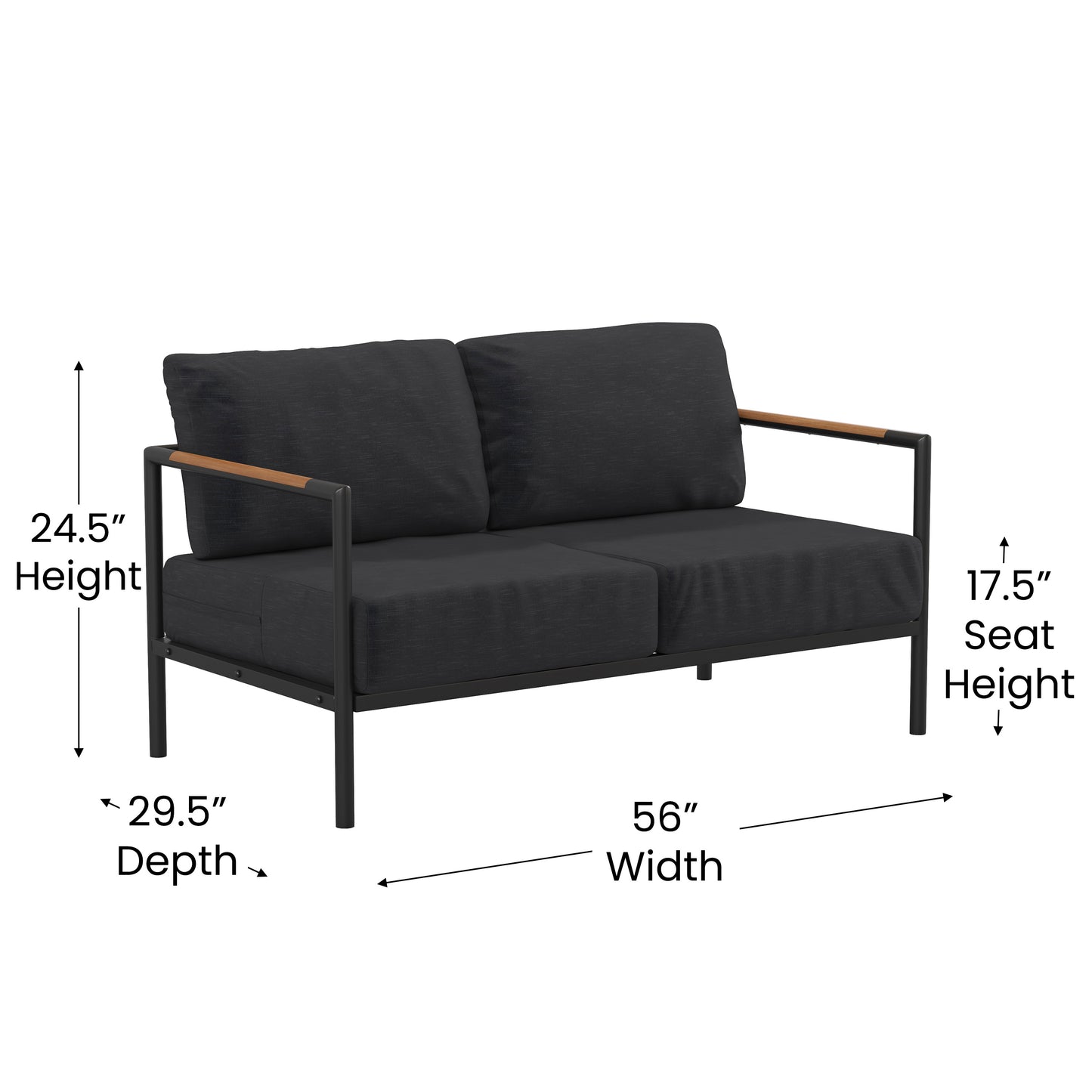 Lea Indoor/Outdoor Patio Loveseat with Cushions - Modern Aluminum Framed Loveseat with Teak Accent Arms, Black-Charcoal Cushions Charcoal