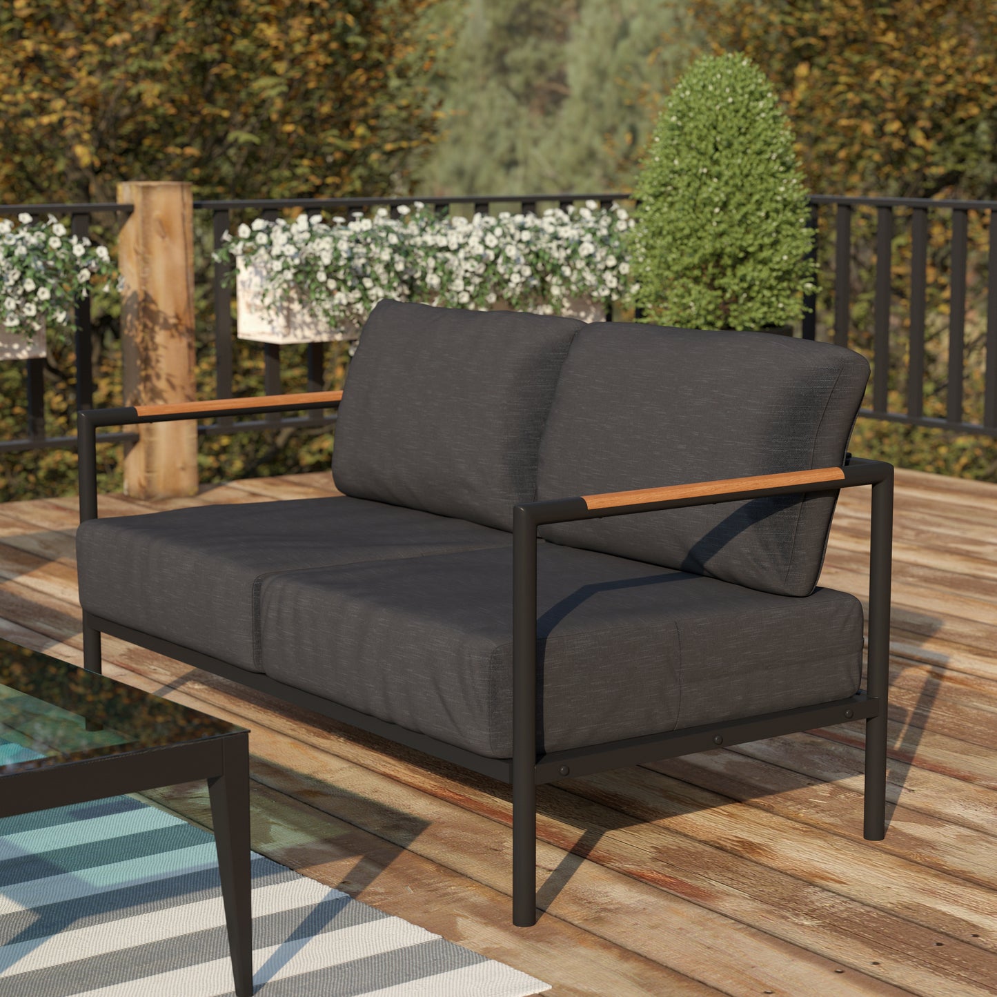 Lea Indoor/Outdoor Patio Loveseat with Cushions - Modern Aluminum Framed Loveseat with Teak Accent Arms, Black-Charcoal Cushions Charcoal