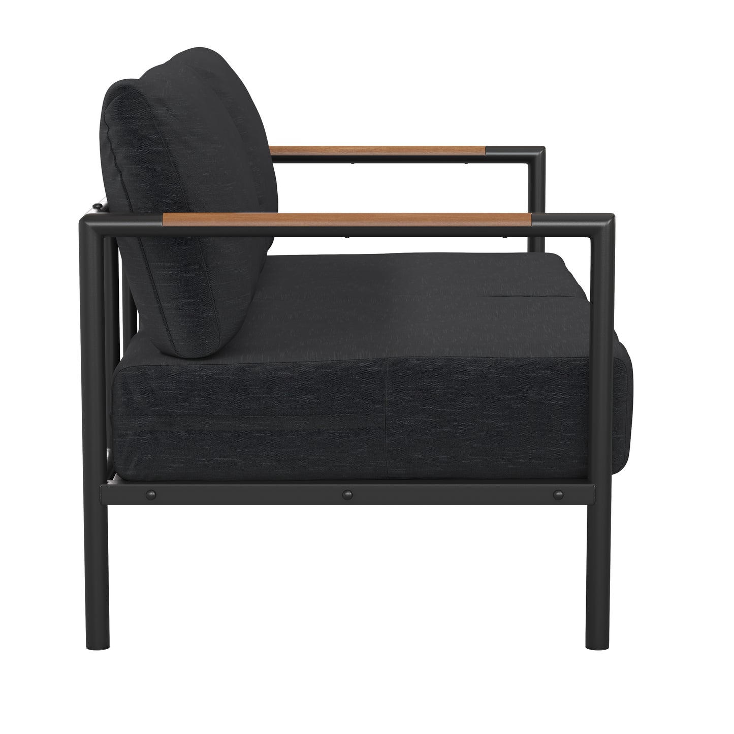 Lea Indoor/Outdoor Patio Loveseat with Cushions - Modern Aluminum Framed Loveseat with Teak Accent Arms, Black-Charcoal Cushions Charcoal