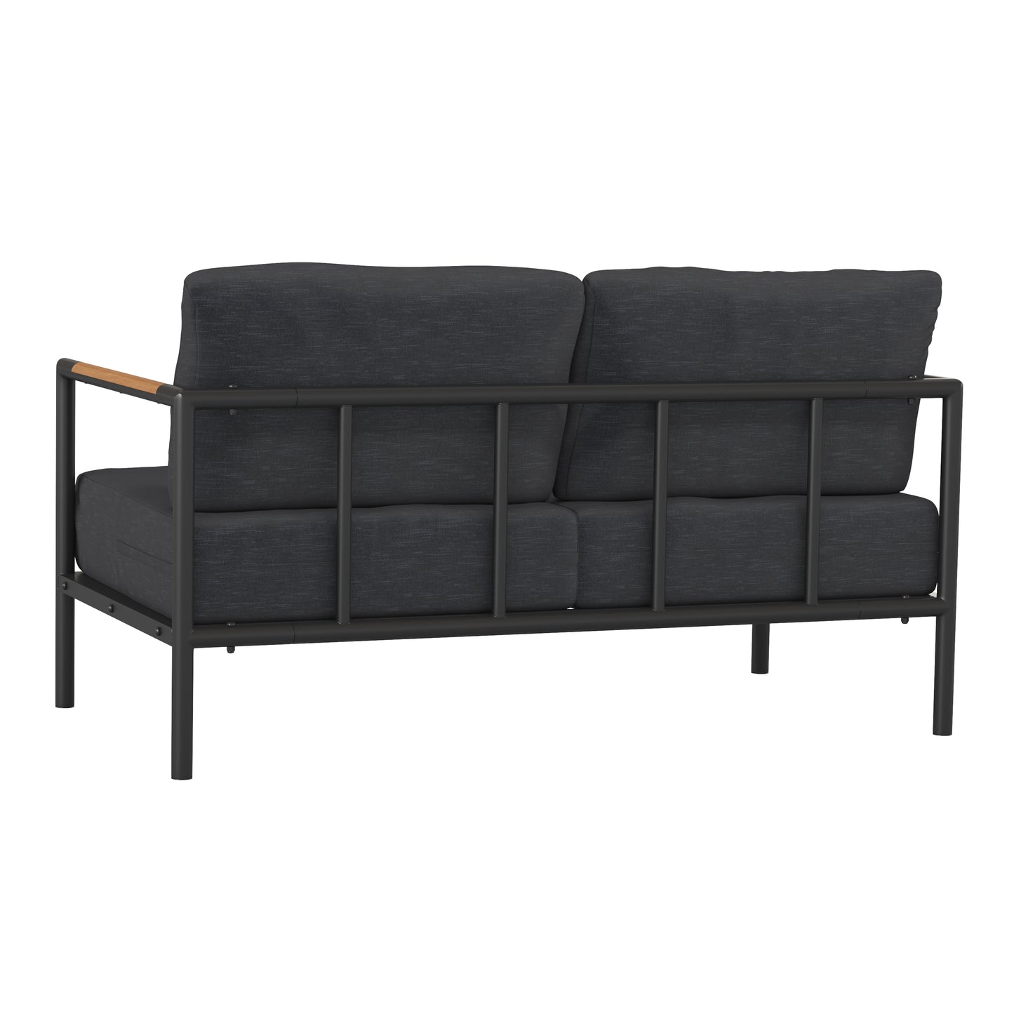 Lea Indoor/Outdoor Patio Loveseat with Cushions - Modern Aluminum Framed Loveseat with Teak Accent Arms, Black-Charcoal Cushions Charcoal