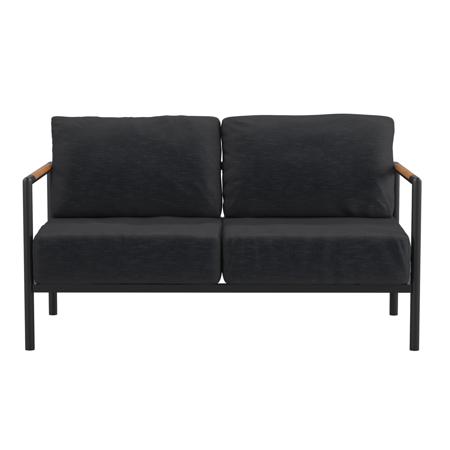 Lea Indoor/Outdoor Patio Loveseat with Cushions - Modern Aluminum Framed Loveseat with Teak Accent Arms, Black-Charcoal Cushions Charcoal