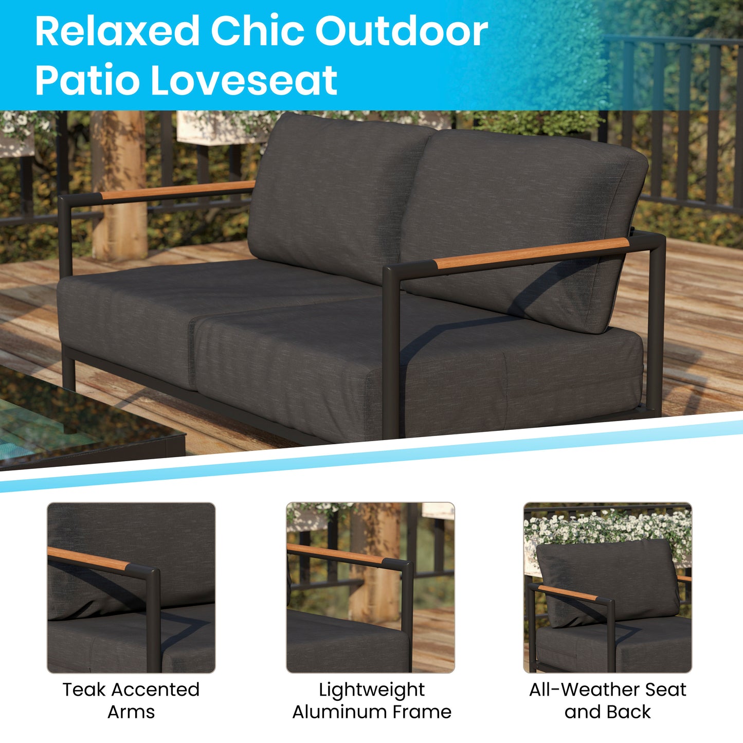 Lea Indoor/Outdoor Patio Loveseat with Cushions - Modern Aluminum Framed Loveseat with Teak Accent Arms, Black-Charcoal Cushions Charcoal