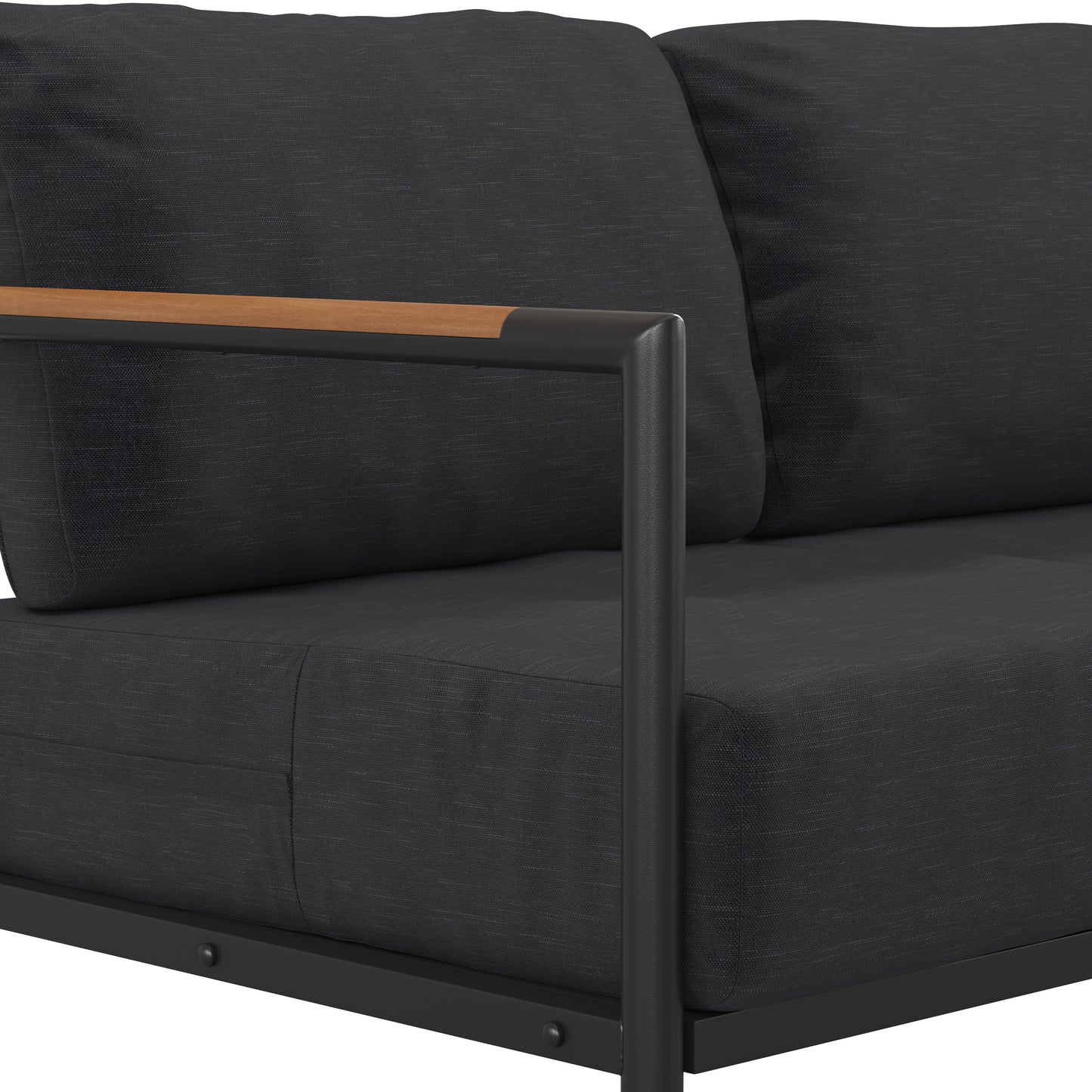 Lea Indoor/Outdoor Patio Loveseat with Cushions - Modern Aluminum Framed Loveseat with Teak Accent Arms, Black-Charcoal Cushions Charcoal