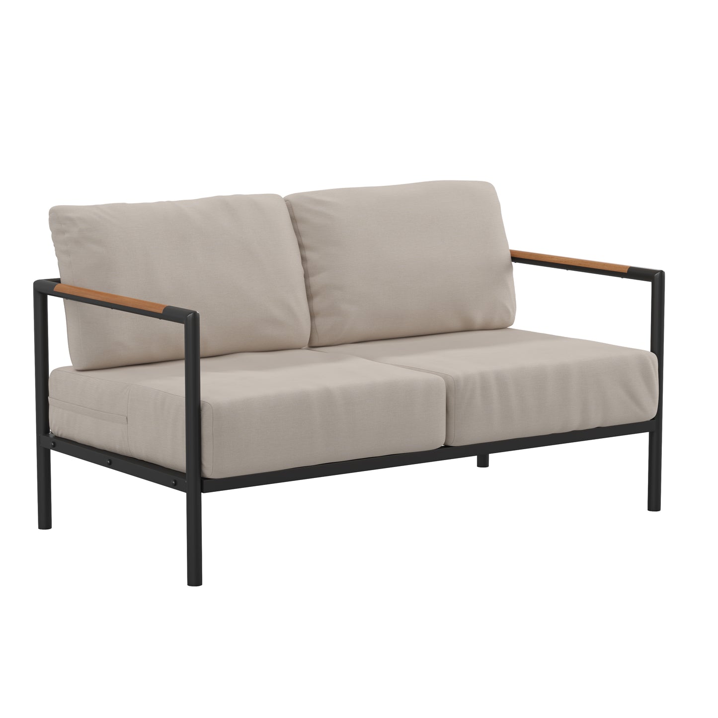 Lea Indoor/Outdoor Patio Loveseat with Cushions-Modern Aluminum Framed Loveseat with Teak Accent Arms, Black with Beige Cushions Beige