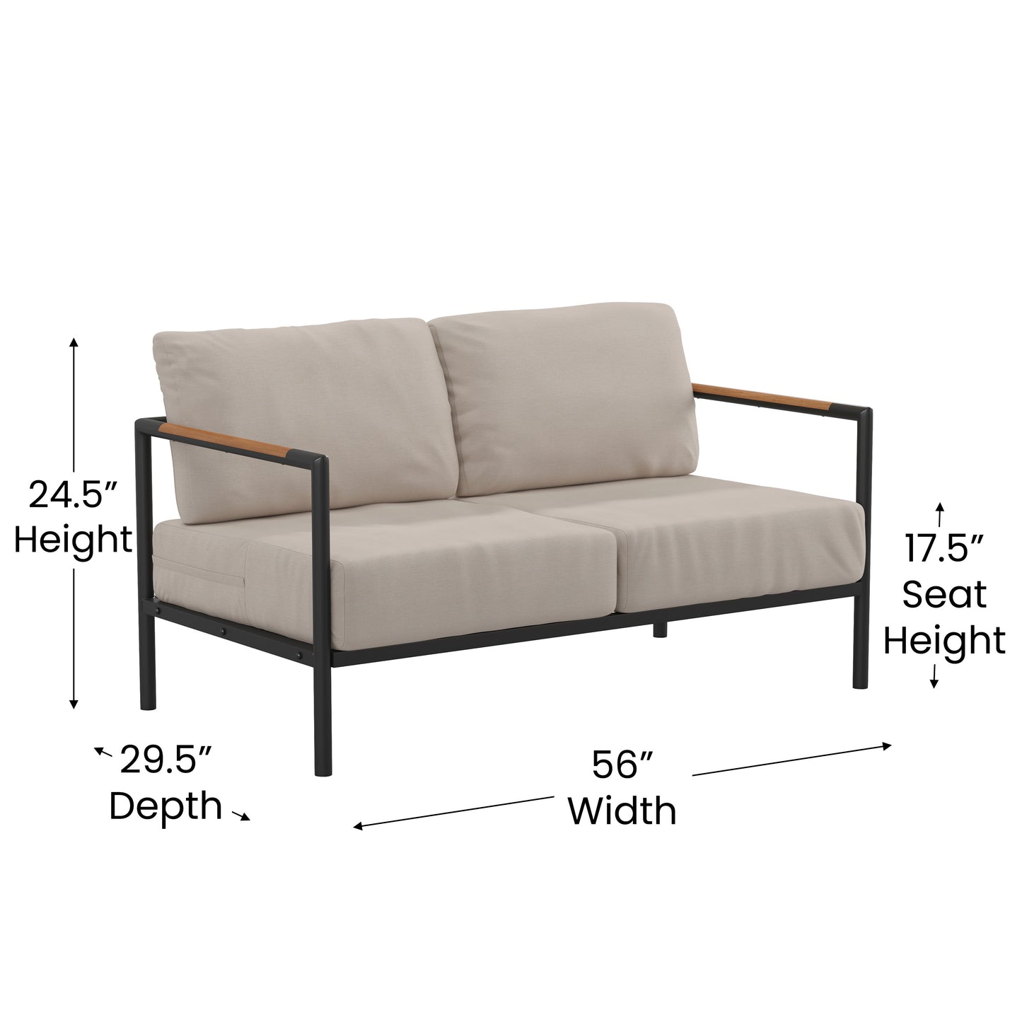 Lea Indoor/Outdoor Patio Loveseat with Cushions-Modern Aluminum Framed Loveseat with Teak Accent Arms, Black with Beige Cushions Beige