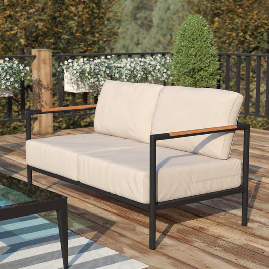 Lea Indoor/Outdoor Patio Loveseat with Cushions-Modern Aluminum Framed Loveseat with Teak Accent Arms, Black with Beige Cushions Beige