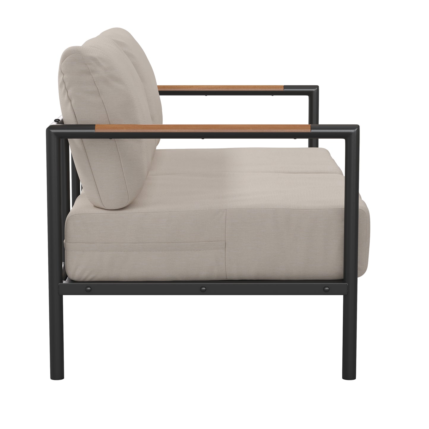 Lea Indoor/Outdoor Patio Loveseat with Cushions-Modern Aluminum Framed Loveseat with Teak Accent Arms, Black with Beige Cushions Beige