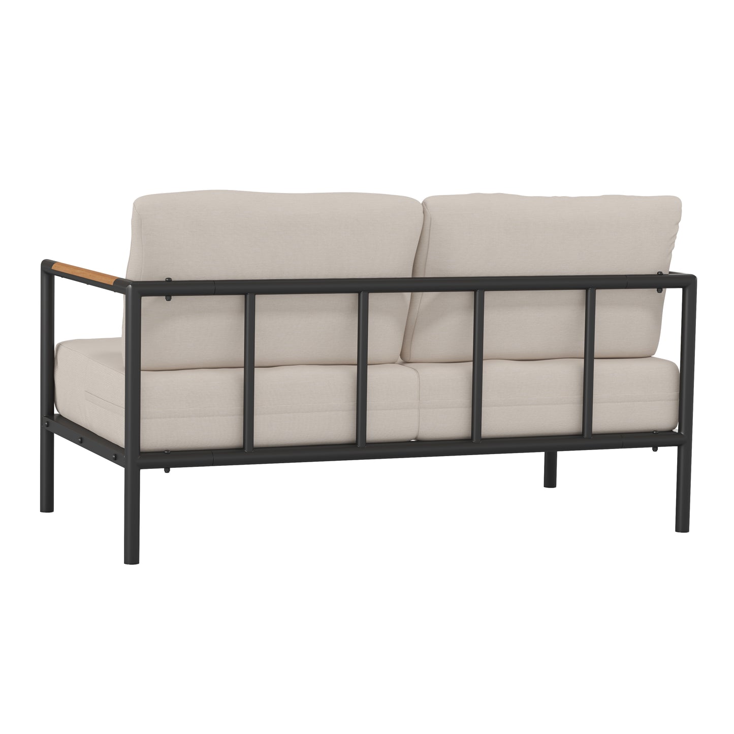 Lea Indoor/Outdoor Patio Loveseat with Cushions-Modern Aluminum Framed Loveseat with Teak Accent Arms, Black with Beige Cushions Beige