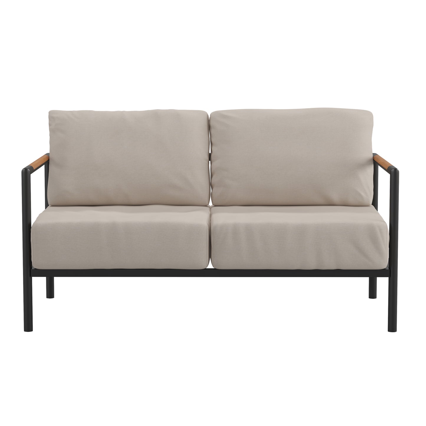Lea Indoor/Outdoor Patio Loveseat with Cushions-Modern Aluminum Framed Loveseat with Teak Accent Arms, Black with Beige Cushions Beige