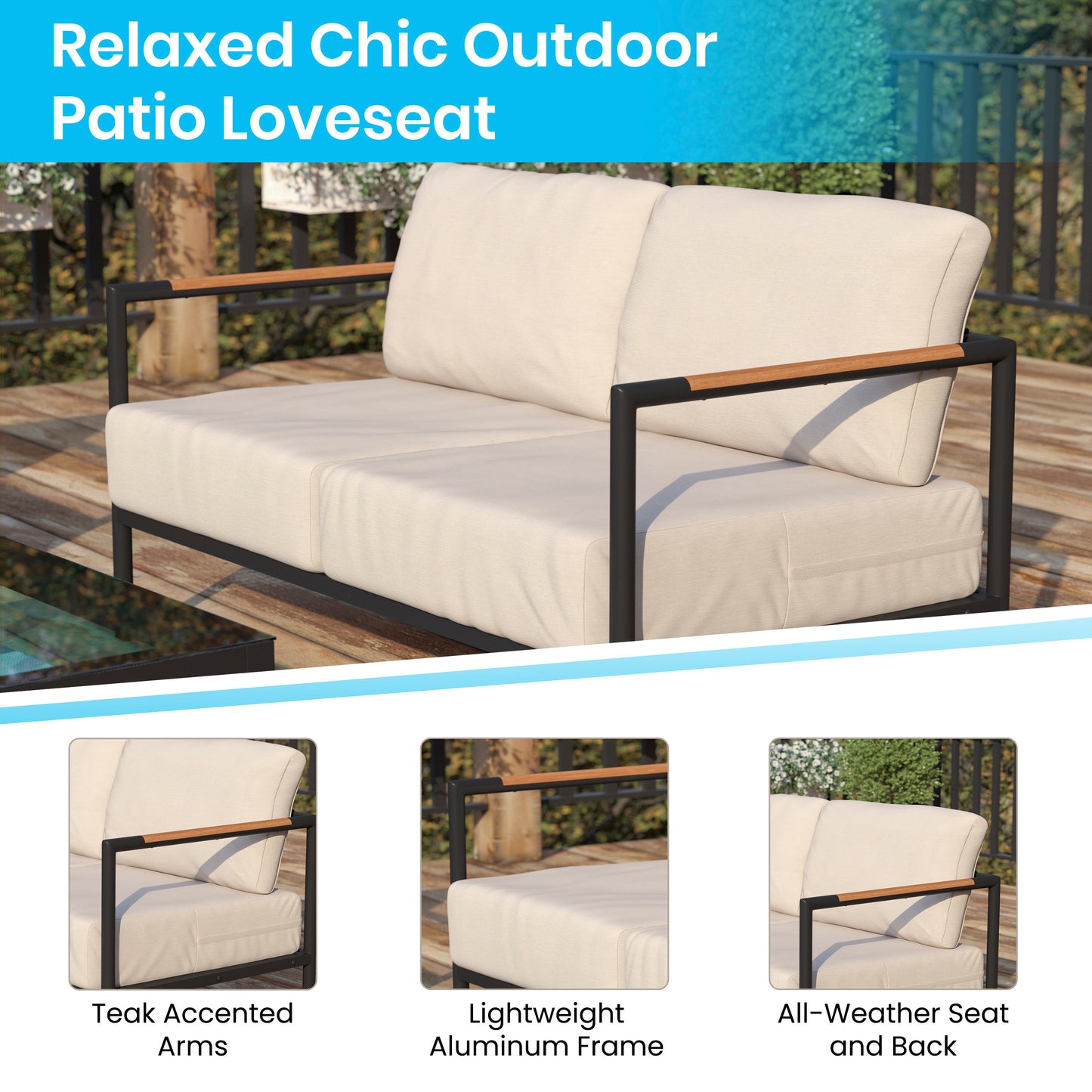 Lea Indoor/Outdoor Patio Loveseat with Cushions-Modern Aluminum Framed Loveseat with Teak Accent Arms, Black with Beige Cushions Beige