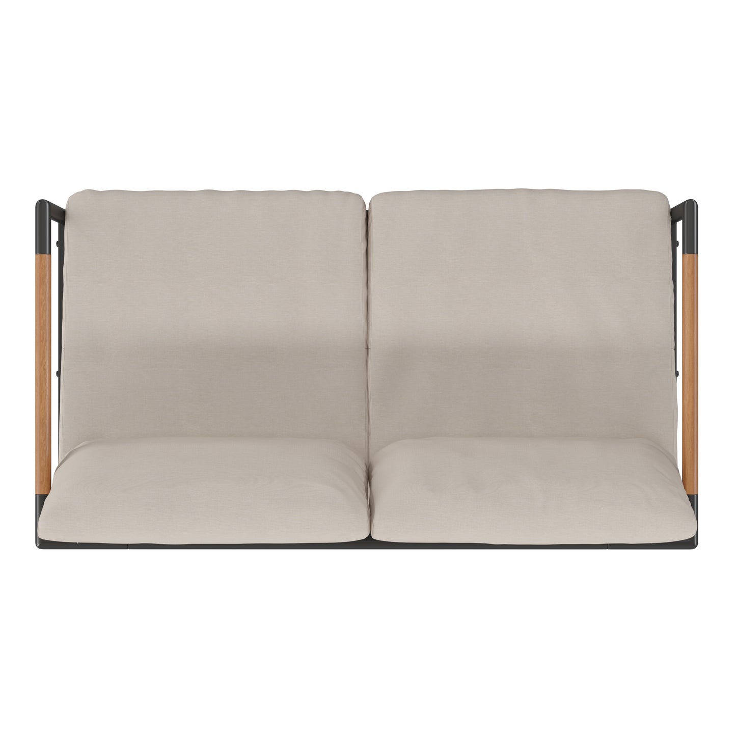 Lea Indoor/Outdoor Patio Loveseat with Cushions-Modern Aluminum Framed Loveseat with Teak Accent Arms, Black with Beige Cushions Beige