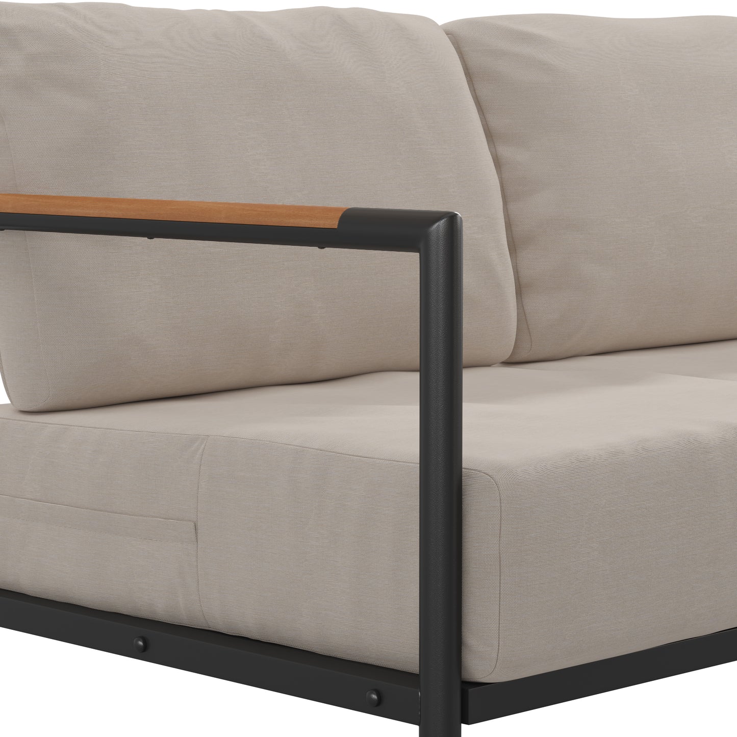 Lea Indoor/Outdoor Patio Loveseat with Cushions-Modern Aluminum Framed Loveseat with Teak Accent Arms, Black with Beige Cushions Beige