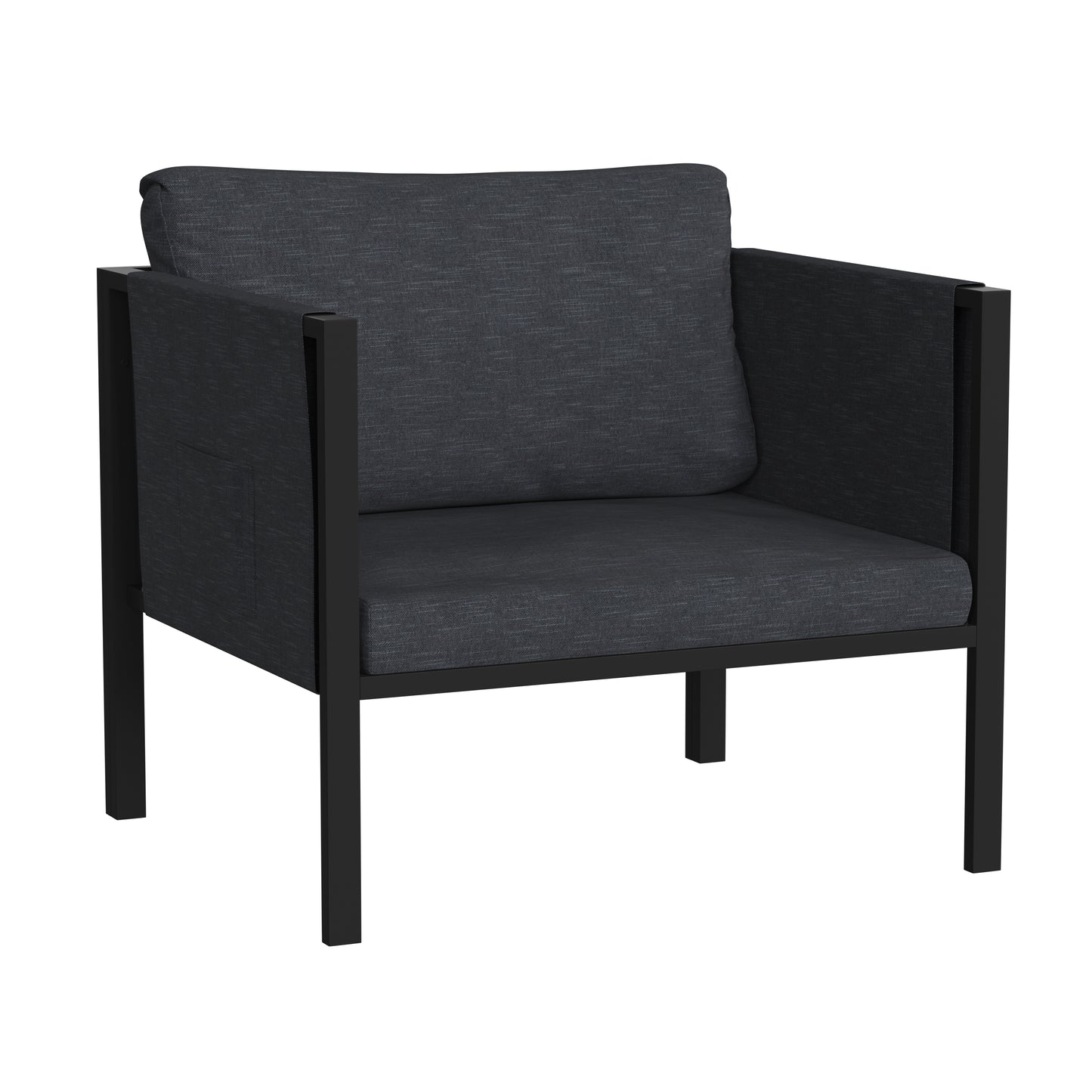 Lea Indoor/Outdoor Patio Chair with Cushions - Modern Steel Framed Chair with Storage Pockets, Black with Charcoal Cushions Charcoal