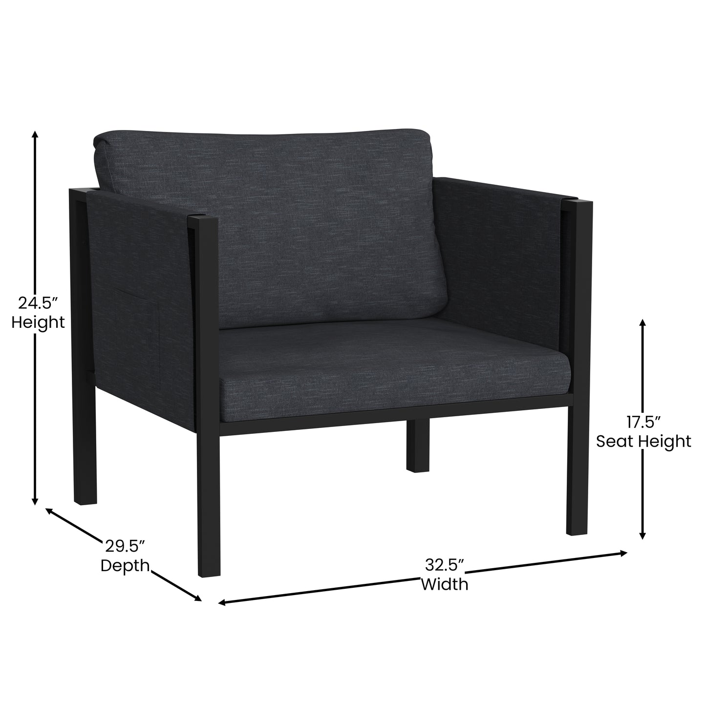Lea Indoor/Outdoor Patio Chair with Cushions - Modern Steel Framed Chair with Storage Pockets, Black with Charcoal Cushions Charcoal