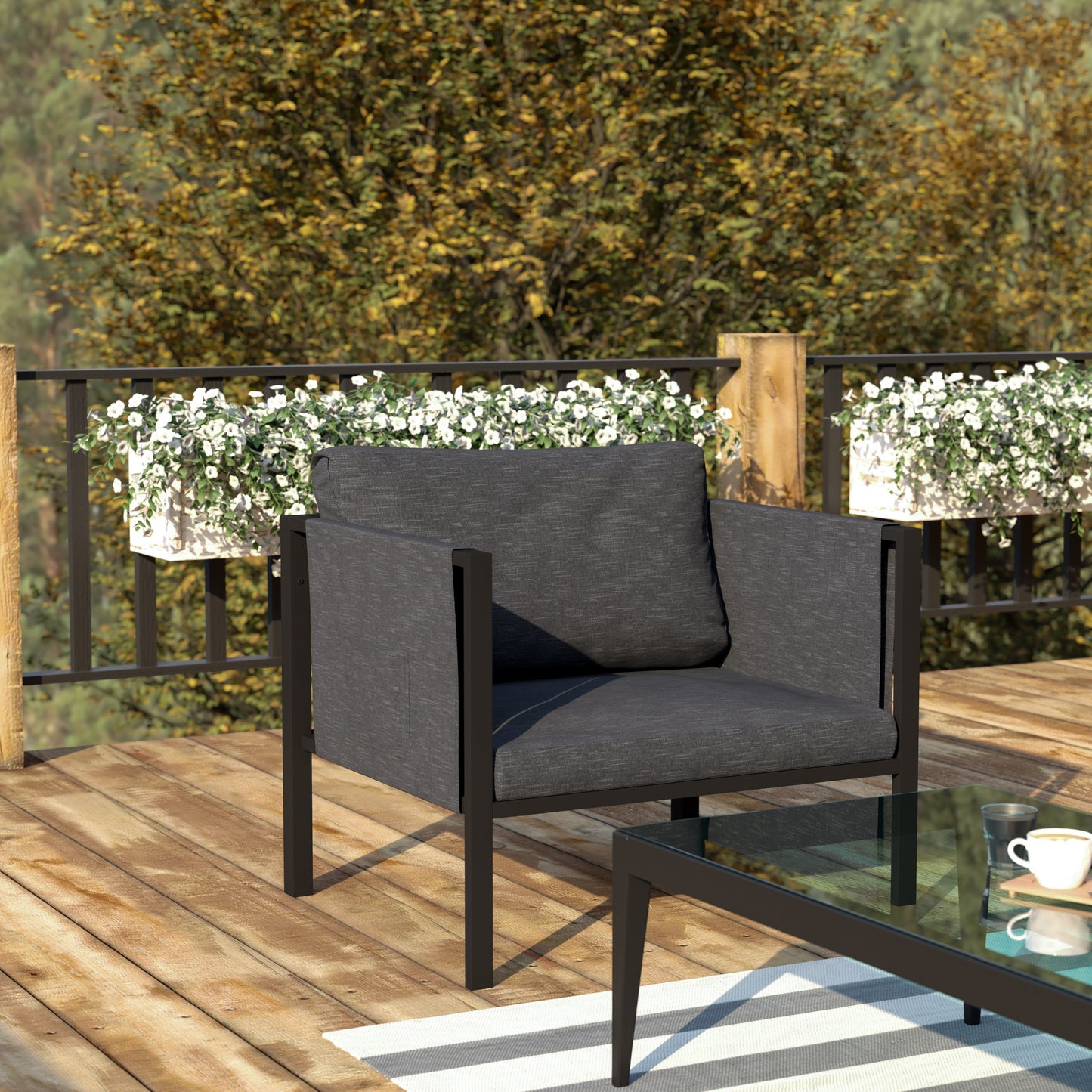 Lea Indoor/Outdoor Patio Chair with Cushions - Modern Steel Framed Chair with Storage Pockets, Black with Charcoal Cushions Charcoal