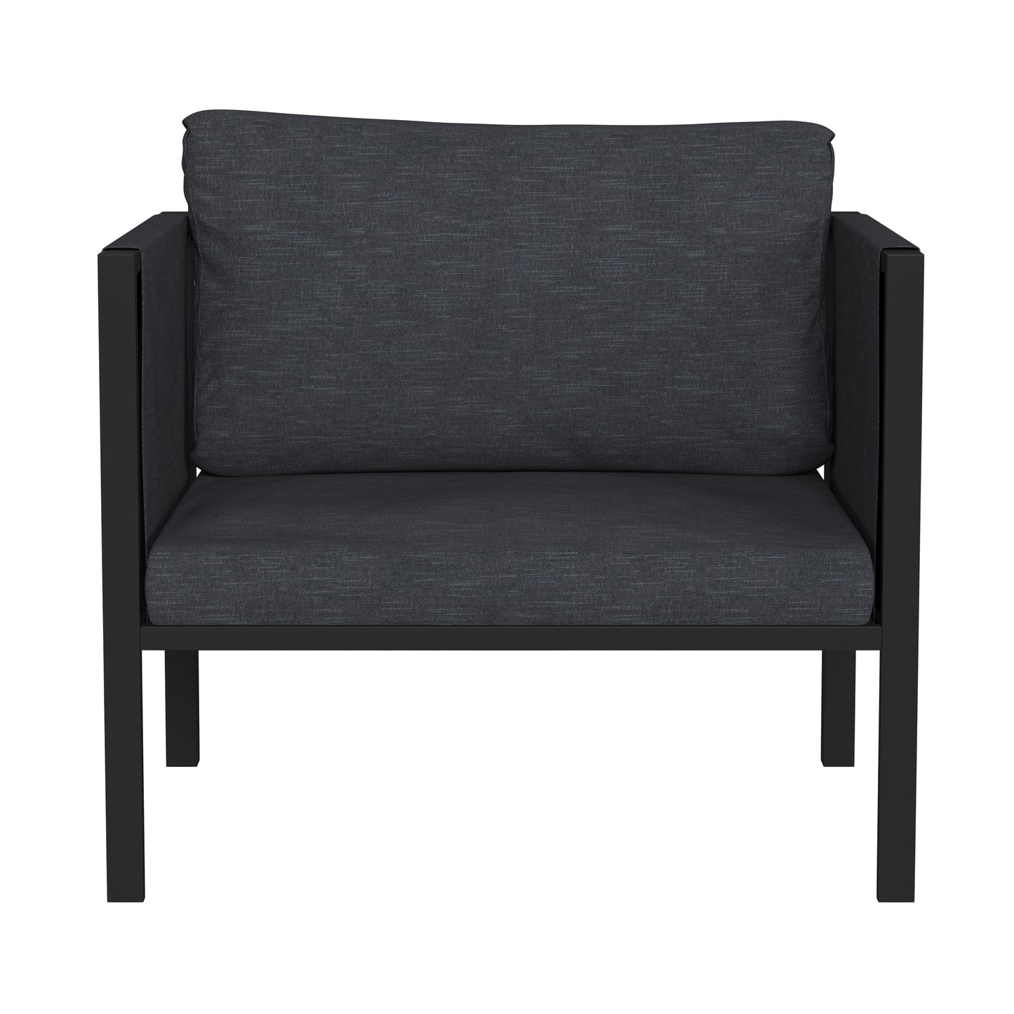 Lea Indoor/Outdoor Patio Chair with Cushions - Modern Steel Framed Chair with Storage Pockets, Black with Charcoal Cushions Charcoal