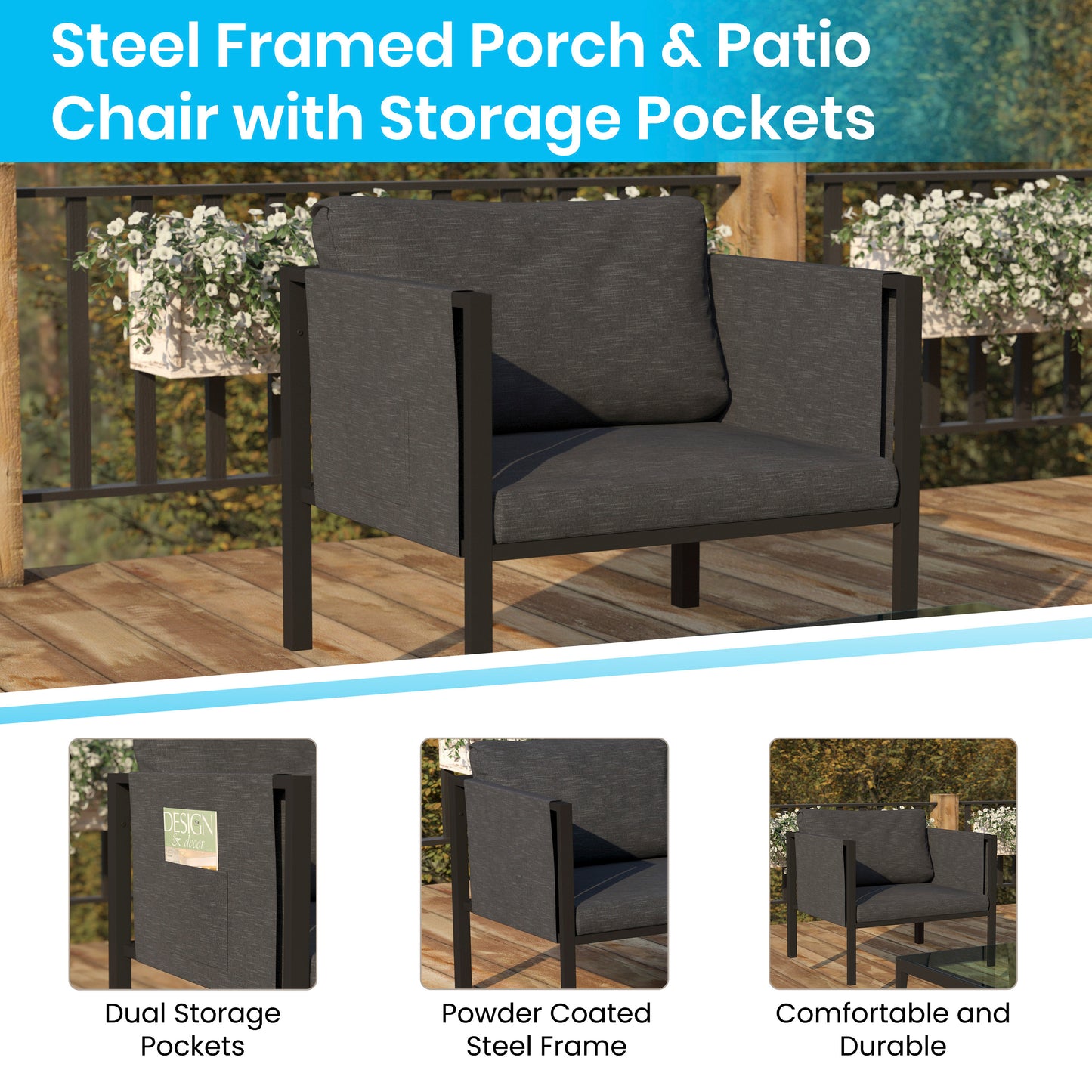Lea Indoor/Outdoor Patio Chair with Cushions - Modern Steel Framed Chair with Storage Pockets, Black with Charcoal Cushions Charcoal