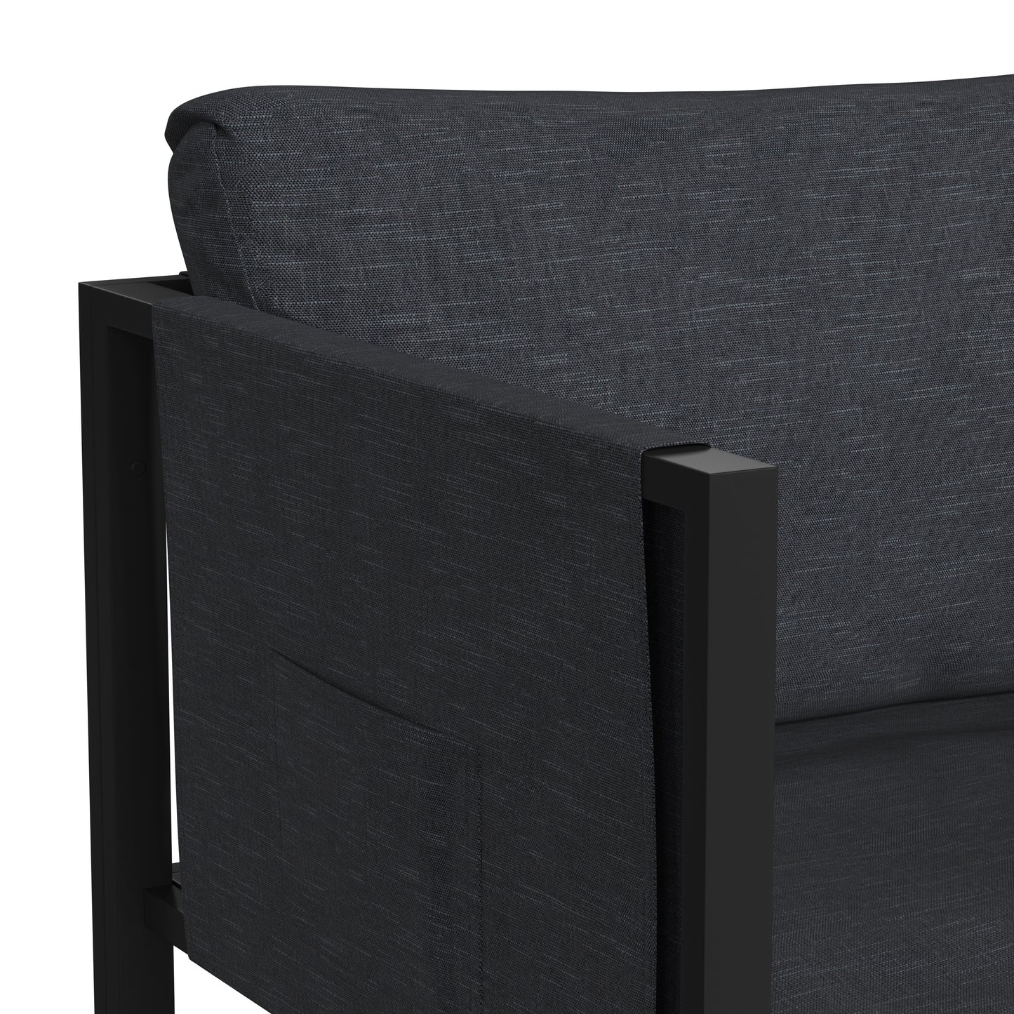 Lea Indoor/Outdoor Patio Chair with Cushions - Modern Steel Framed Chair with Storage Pockets, Black with Charcoal Cushions Charcoal