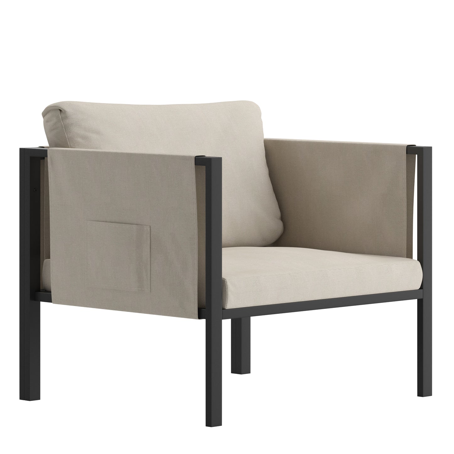 Lea Indoor/Outdoor Patio Chair with Cushions - Modern Steel Framed Chair with Storage Pockets, Black with Beige Cushions Beige