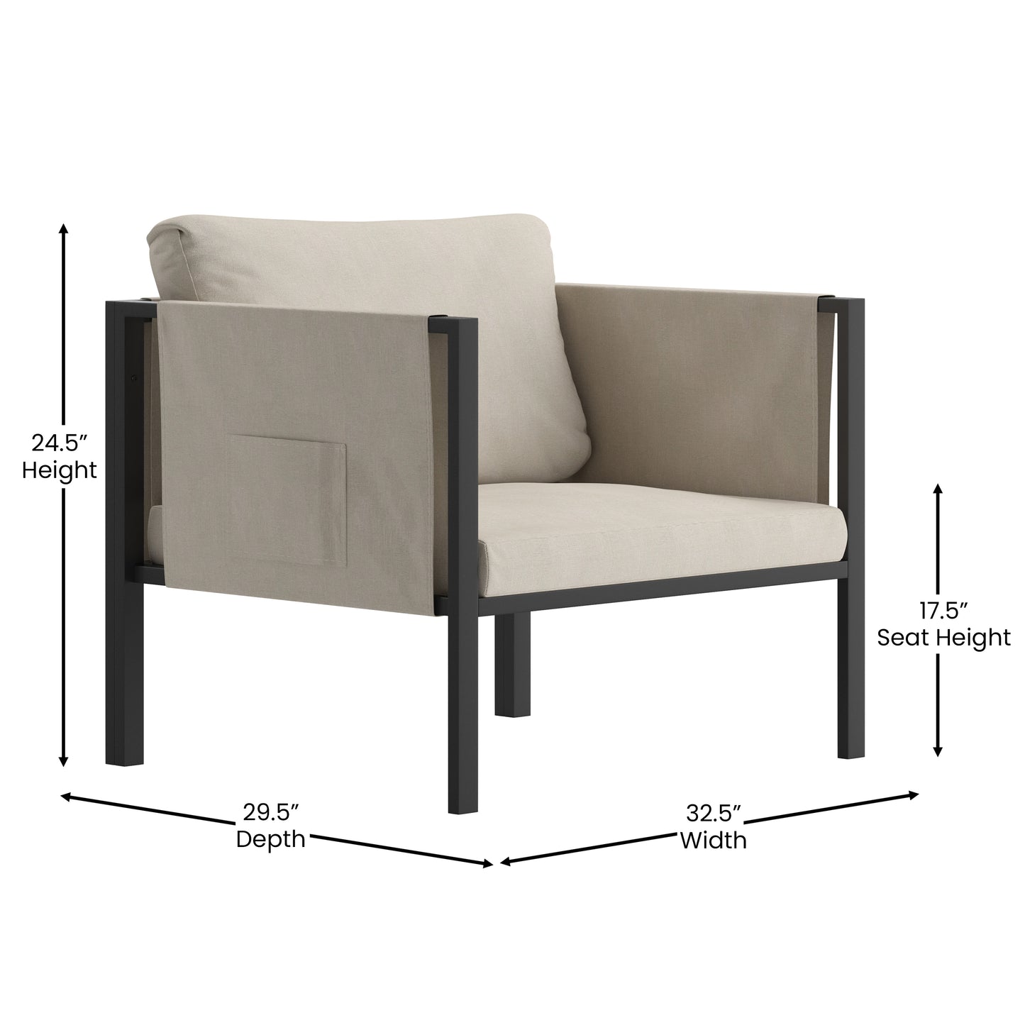 Lea Indoor/Outdoor Patio Chair with Cushions - Modern Steel Framed Chair with Storage Pockets, Black with Beige Cushions Beige