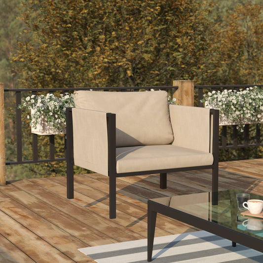 Lea Indoor/Outdoor Patio Chair with Cushions - Modern Steel Framed Chair with Storage Pockets, Black with Beige Cushions Beige