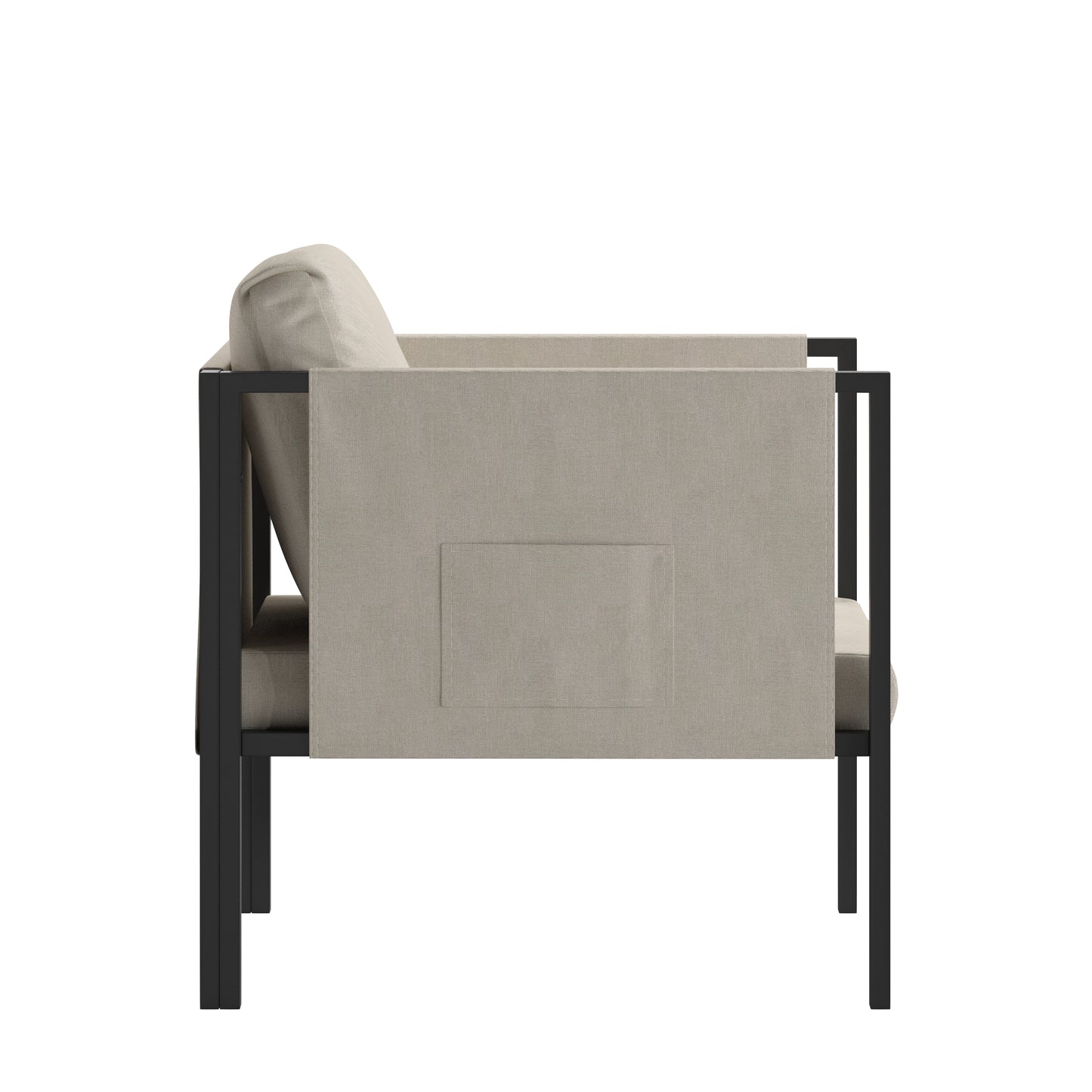 Lea Indoor/Outdoor Patio Chair with Cushions - Modern Steel Framed Chair with Storage Pockets, Black with Beige Cushions Beige