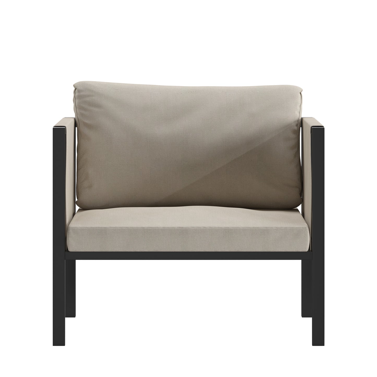 Lea Indoor/Outdoor Patio Chair with Cushions - Modern Steel Framed Chair with Storage Pockets, Black with Beige Cushions Beige
