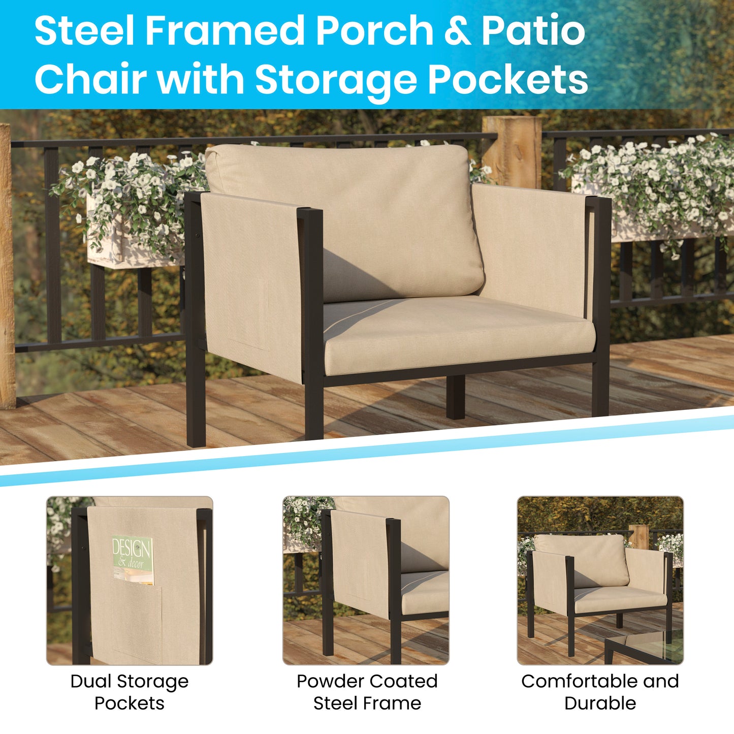 Lea Indoor/Outdoor Patio Chair with Cushions - Modern Steel Framed Chair with Storage Pockets, Black with Beige Cushions Beige
