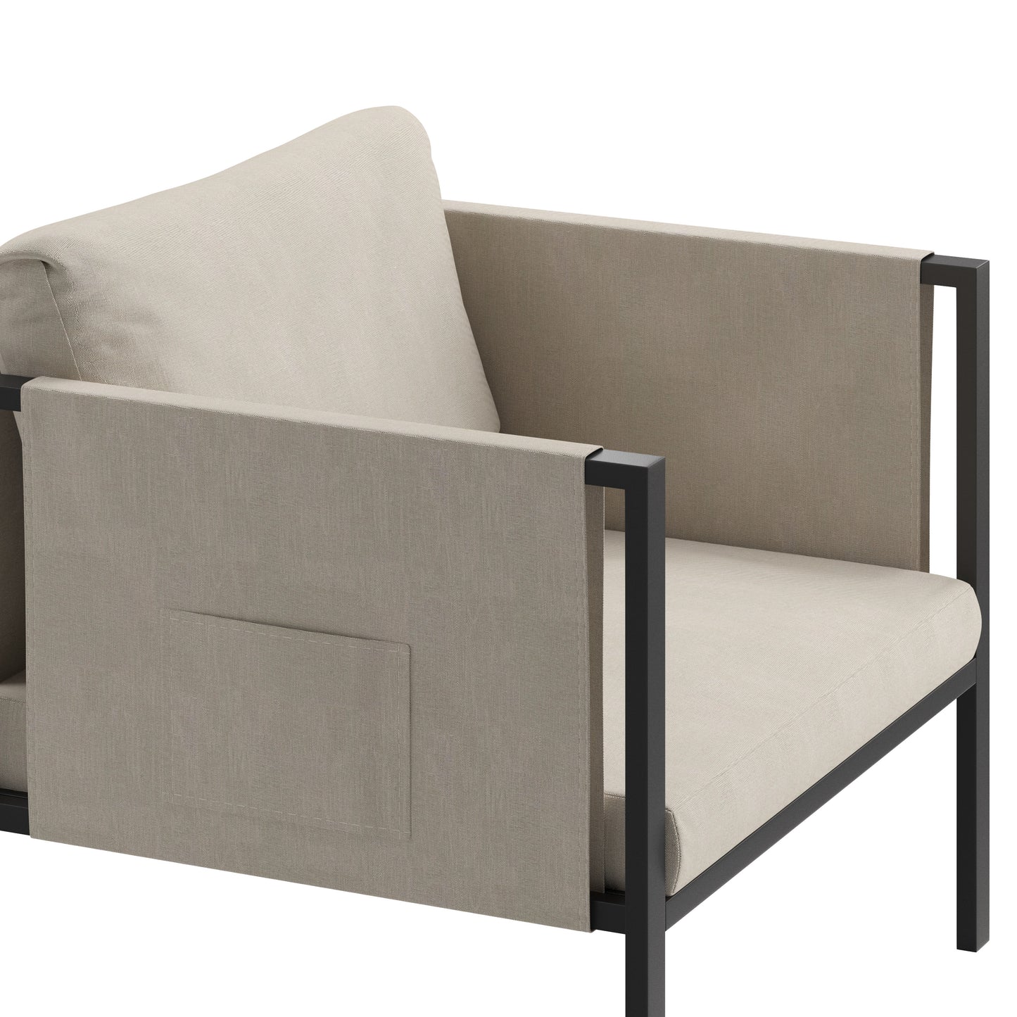 Lea Indoor/Outdoor Patio Chair with Cushions - Modern Steel Framed Chair with Storage Pockets, Black with Beige Cushions Beige