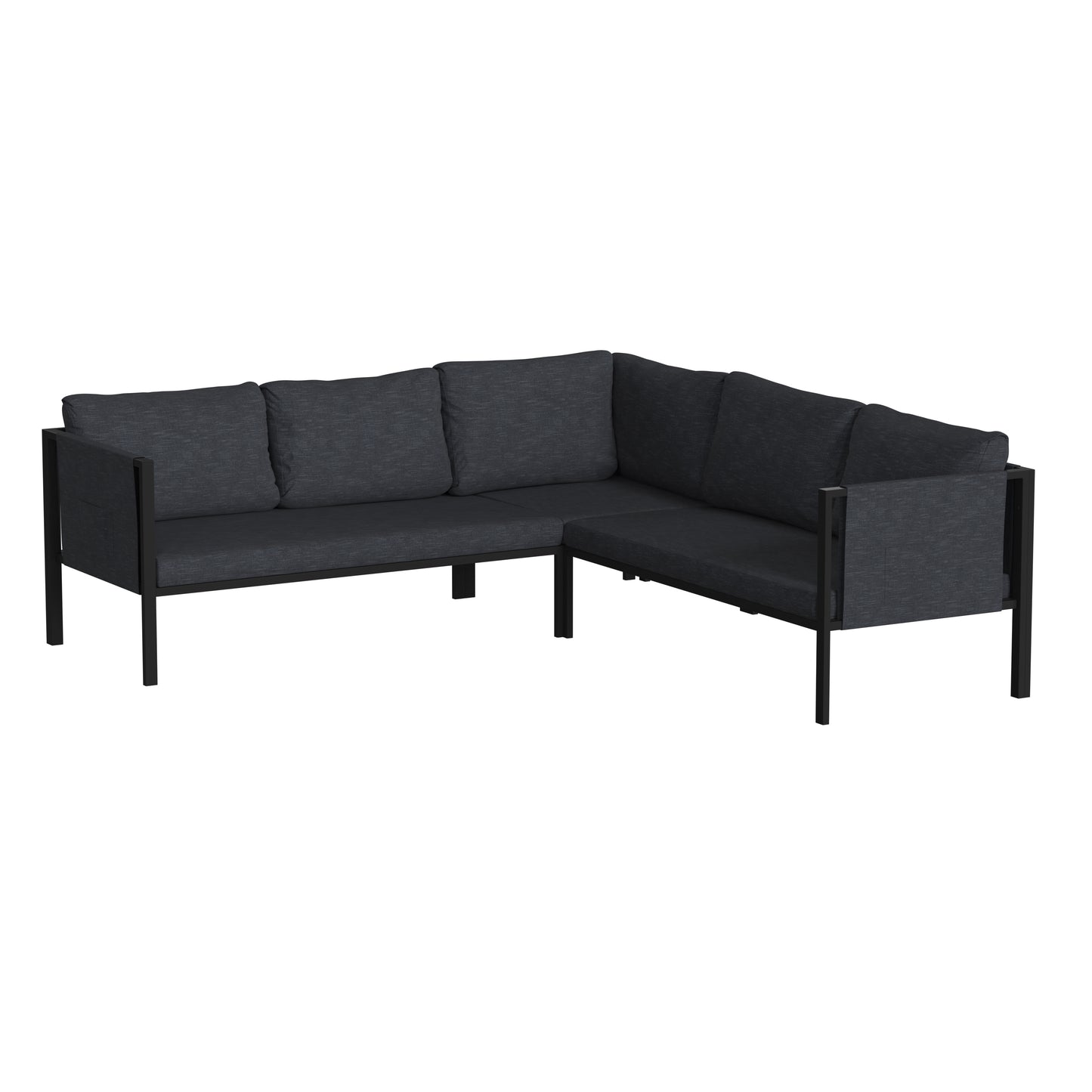 Lea Indoor/Outdoor Sectional with Cushions - Modern Steel Framed Chair with Dual Storage Pockets, Black with Charcoal Cushions Charcoal