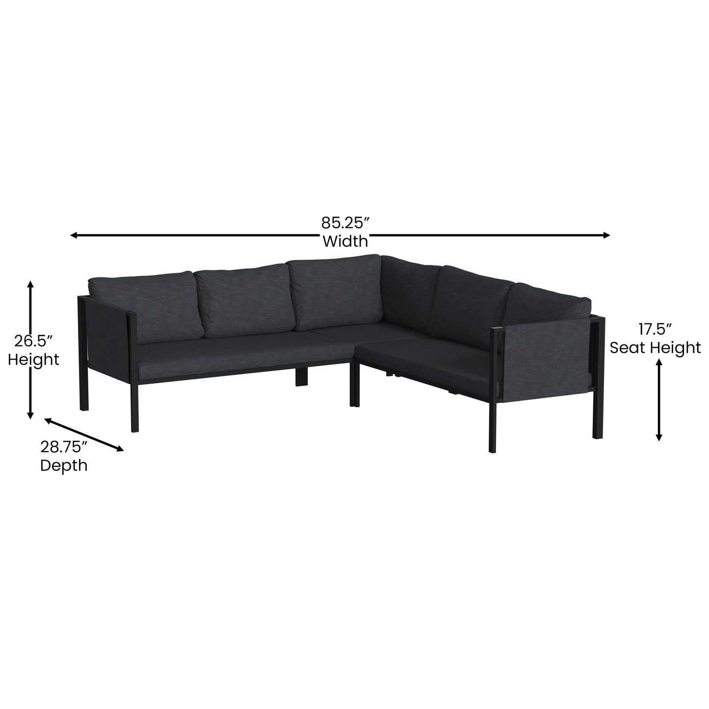 Lea Indoor/Outdoor Sectional with Cushions - Modern Steel Framed Chair with Dual Storage Pockets, Black with Charcoal Cushions Charcoal