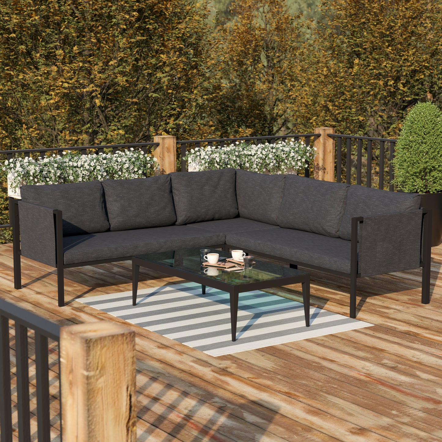Lea Indoor/Outdoor Sectional with Cushions - Modern Steel Framed Chair with Dual Storage Pockets, Black with Charcoal Cushions Charcoal