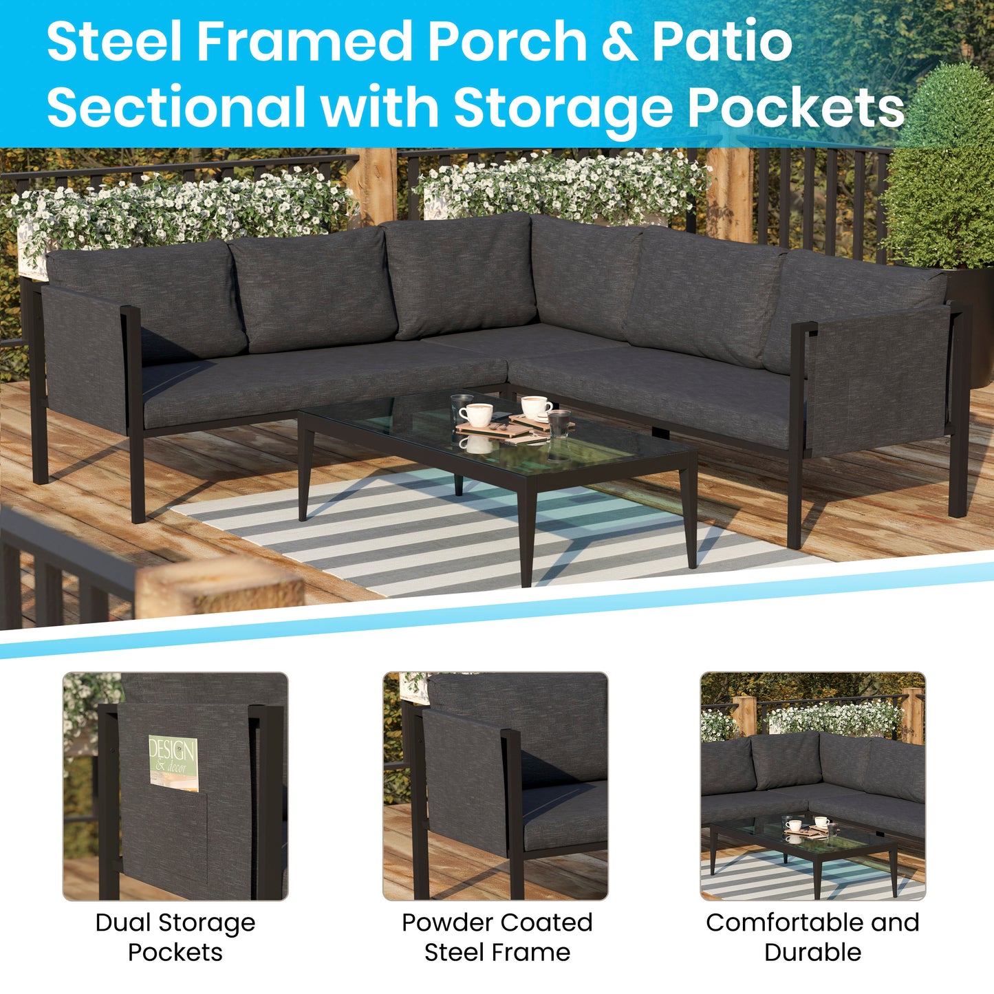 Lea Indoor/Outdoor Sectional with Cushions - Modern Steel Framed Chair with Dual Storage Pockets, Black with Charcoal Cushions Charcoal