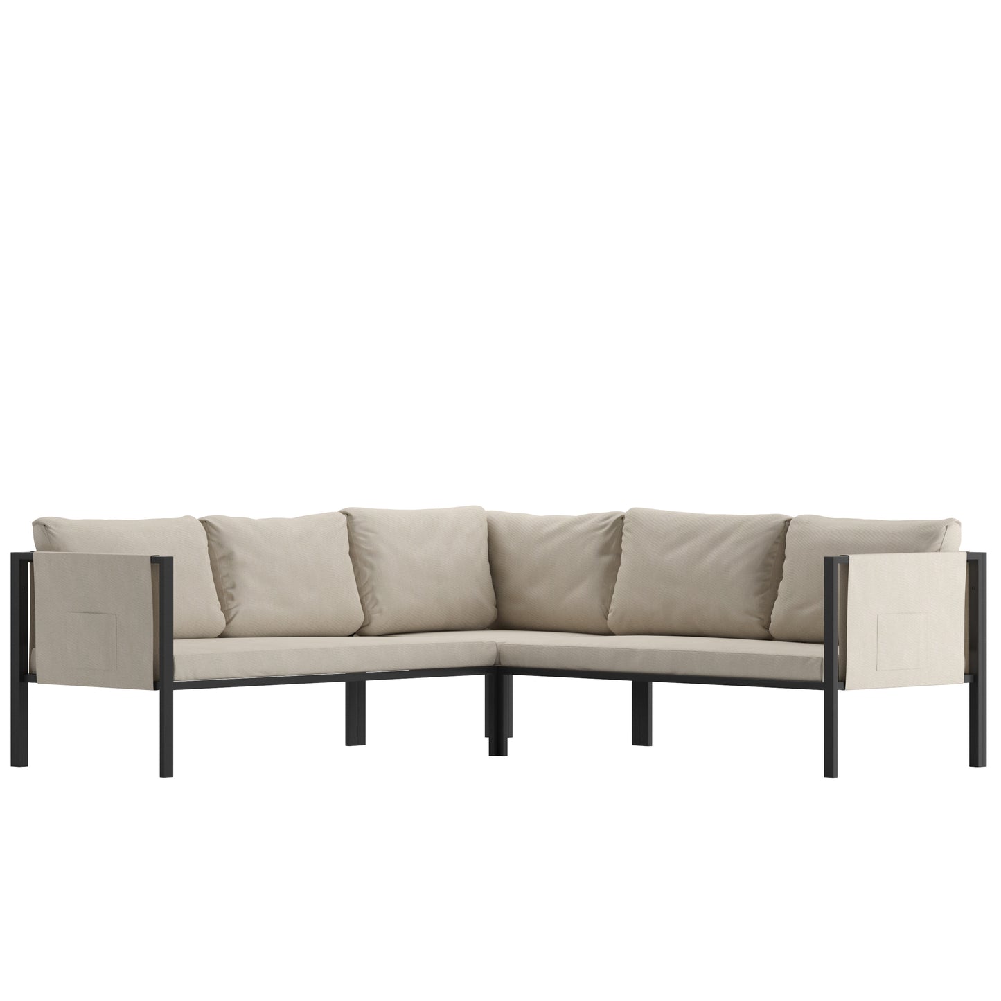 Lea Indoor/Outdoor Sectional with Cushions - Modern Steel Framed Chair with Dual Storage Pockets, Black with Beige Cushions Beige