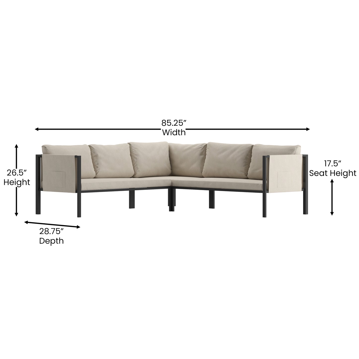 Lea Indoor/Outdoor Sectional with Cushions - Modern Steel Framed Chair with Dual Storage Pockets, Black with Beige Cushions Beige