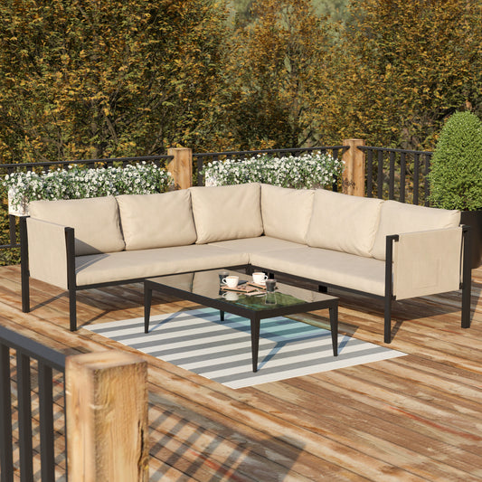 Lea Indoor/Outdoor Sectional with Cushions - Modern Steel Framed Chair with Dual Storage Pockets, Black with Beige Cushions Beige