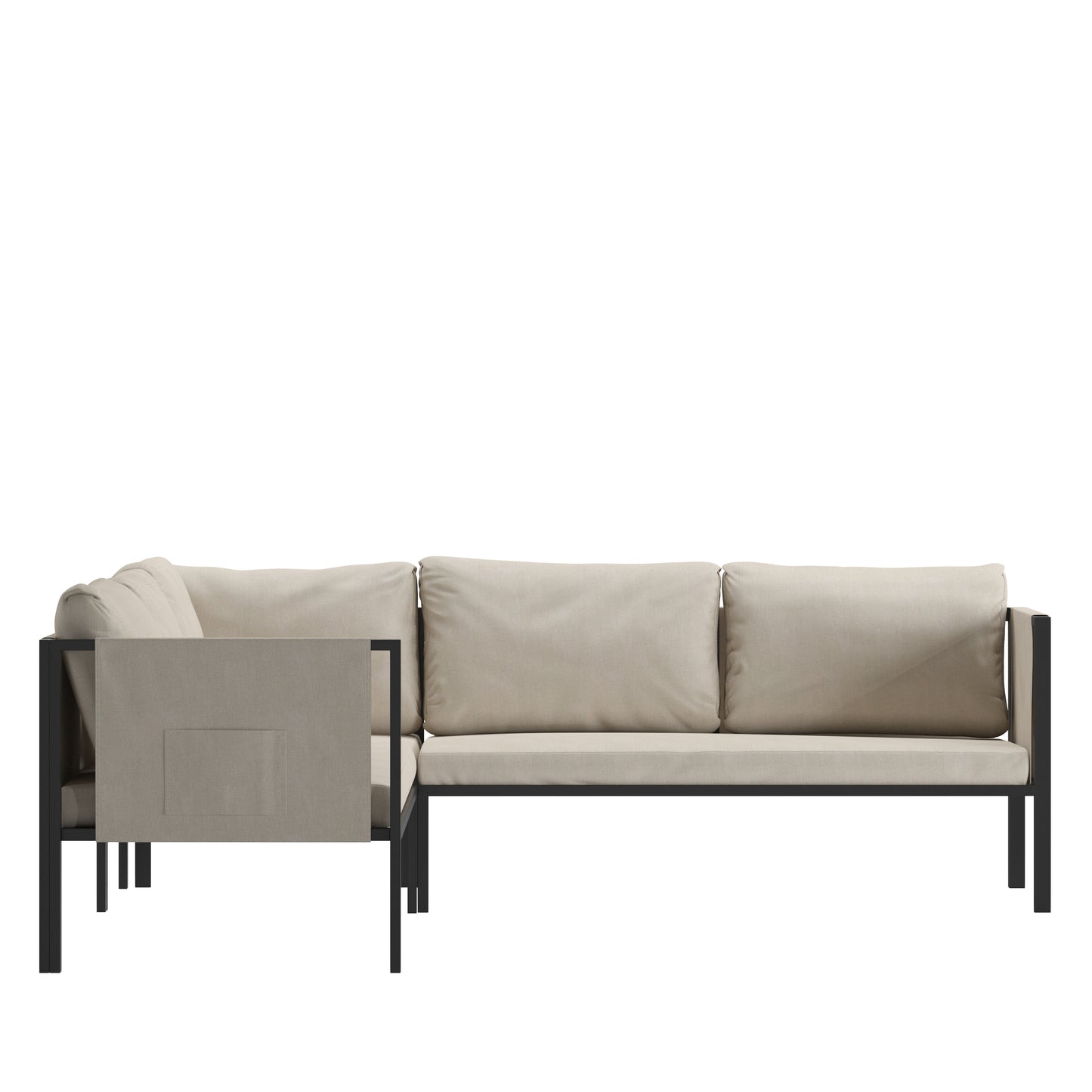 Lea Indoor/Outdoor Sectional with Cushions - Modern Steel Framed Chair with Dual Storage Pockets, Black with Beige Cushions Beige