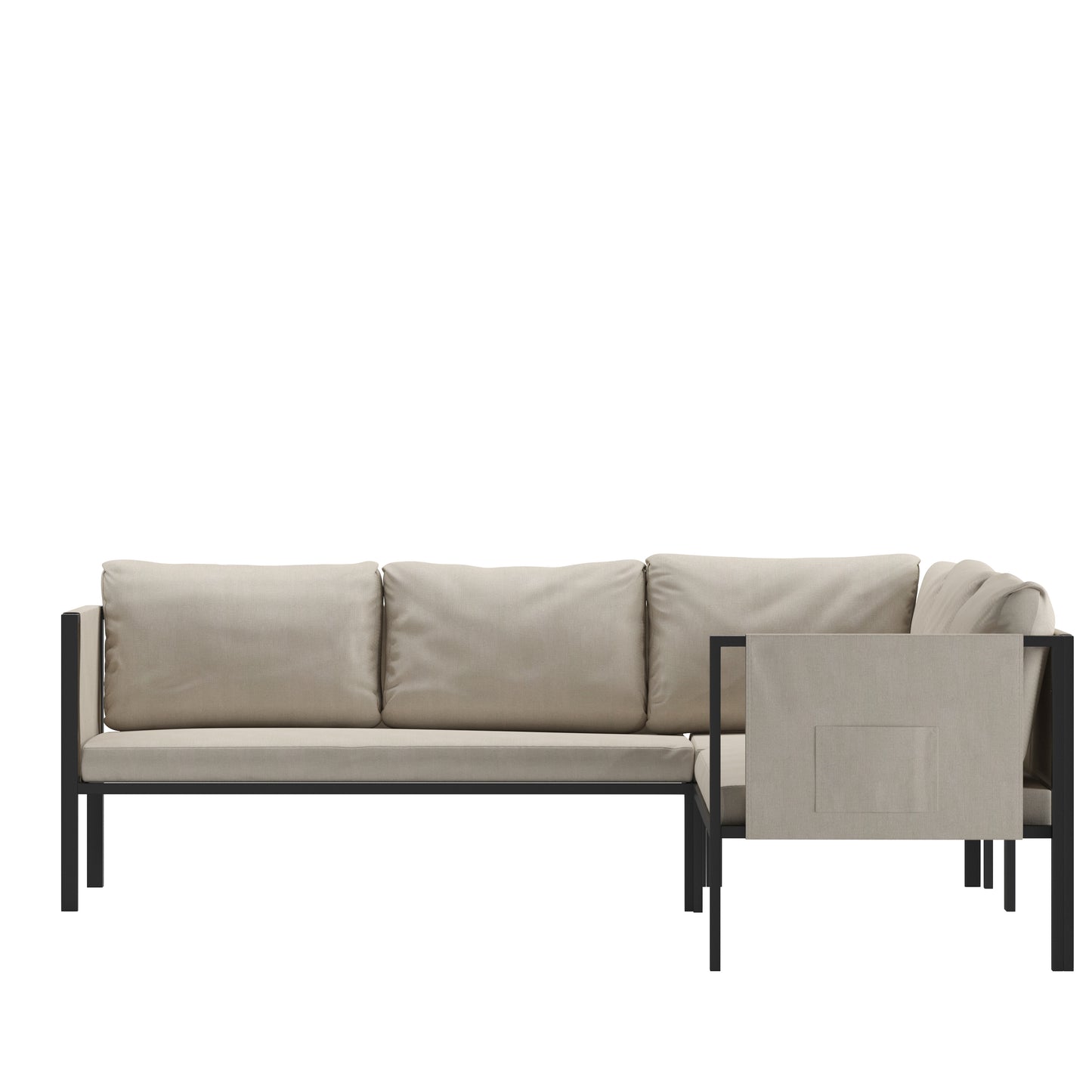 Lea Indoor/Outdoor Sectional with Cushions - Modern Steel Framed Chair with Dual Storage Pockets, Black with Beige Cushions Beige