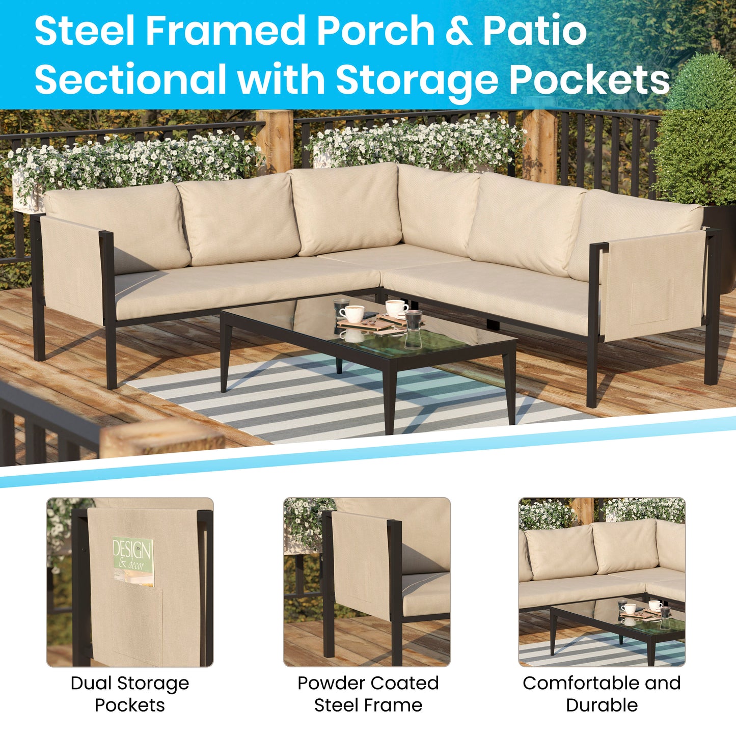 Lea Indoor/Outdoor Sectional with Cushions - Modern Steel Framed Chair with Dual Storage Pockets, Black with Beige Cushions Beige