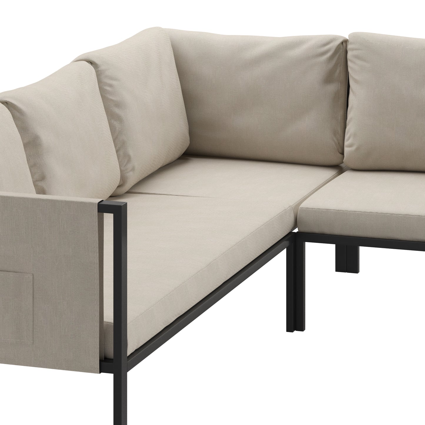 Lea Indoor/Outdoor Sectional with Cushions - Modern Steel Framed Chair with Dual Storage Pockets, Black with Beige Cushions Beige